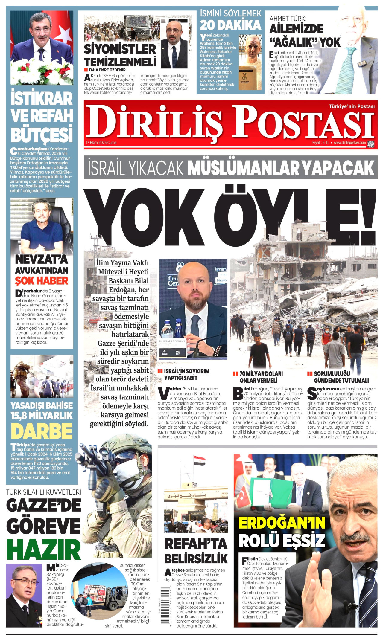 DİRİLİŞ POSTASI gazetesinin 17 Ekim 2025 tarihli birinci sayfası