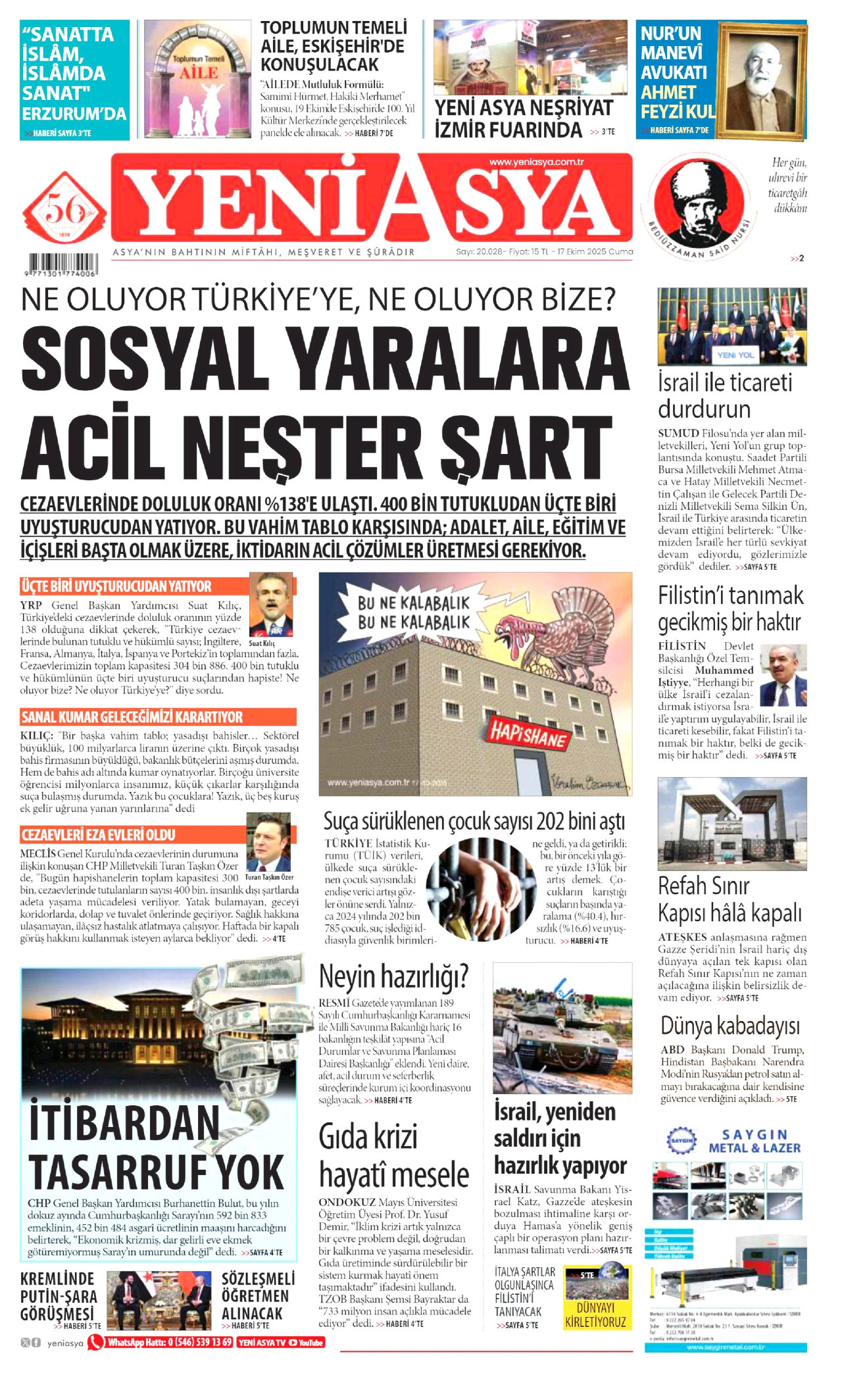YENİ ASYA gazetesinin 17 Ekim 2025 tarihli birinci sayfası