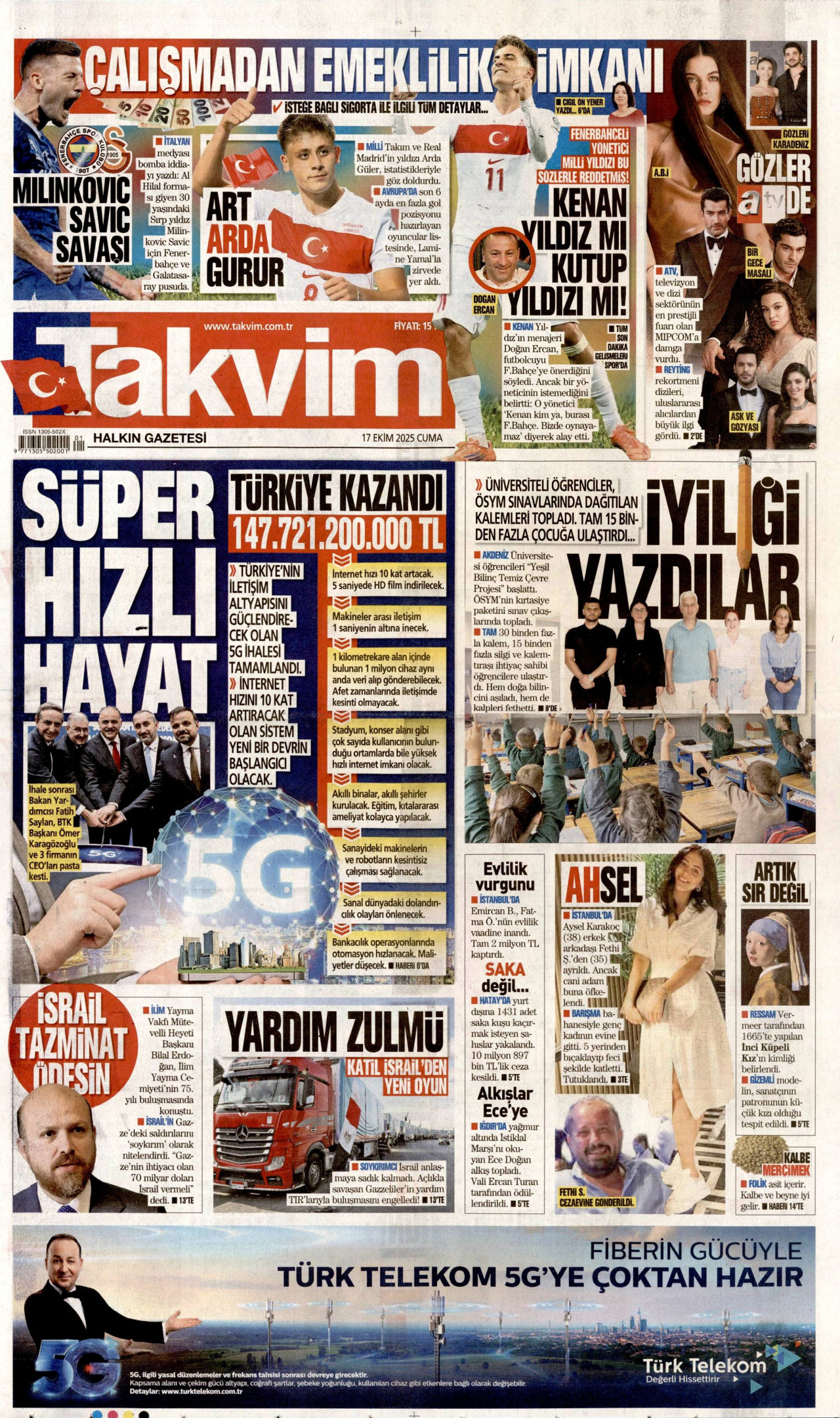 TAKVİM gazetesinin 17 Ekim 2025 tarihli birinci sayfası