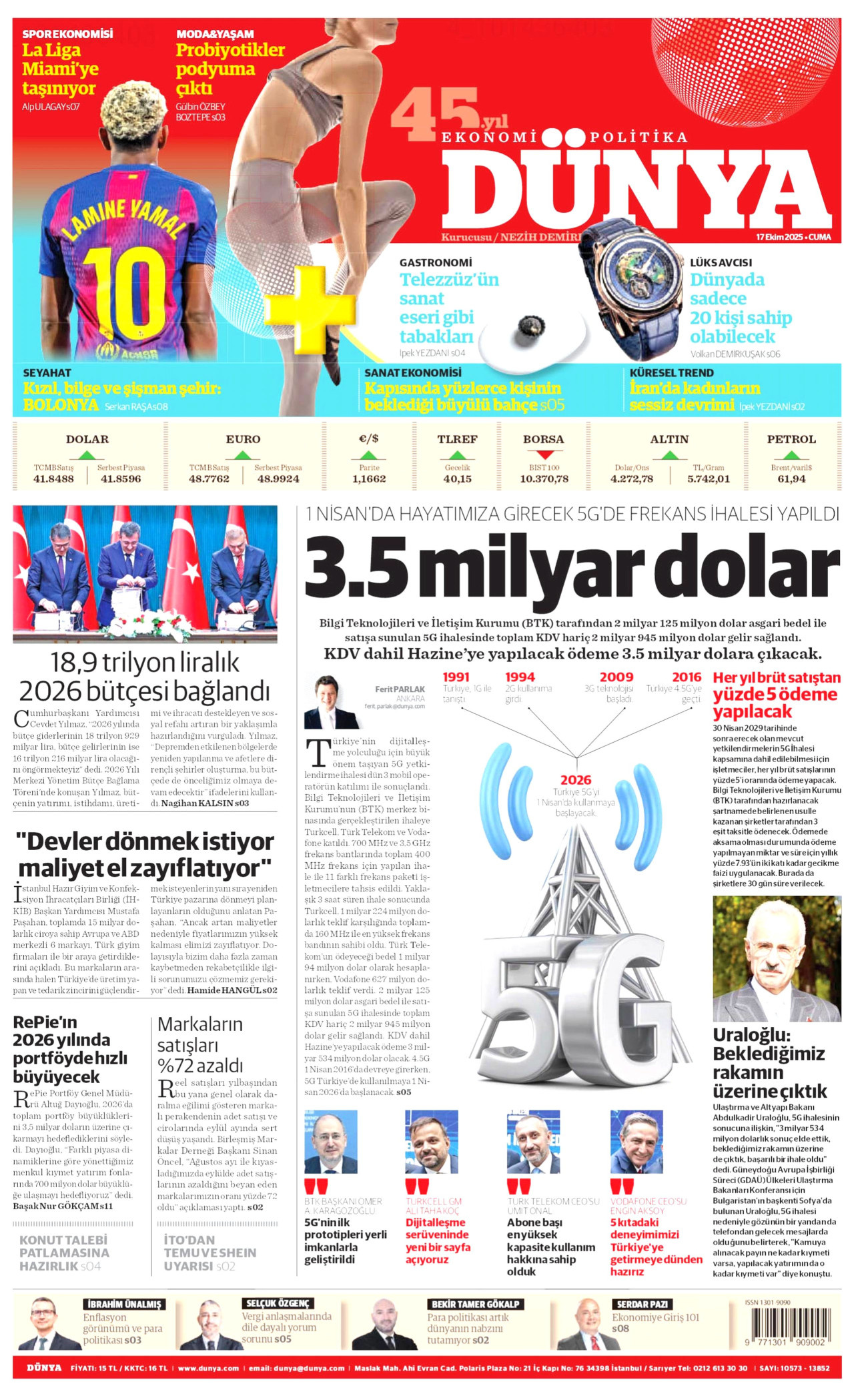 DÜNYA gazetesinin 17 Ekim 2025 tarihli birinci sayfası