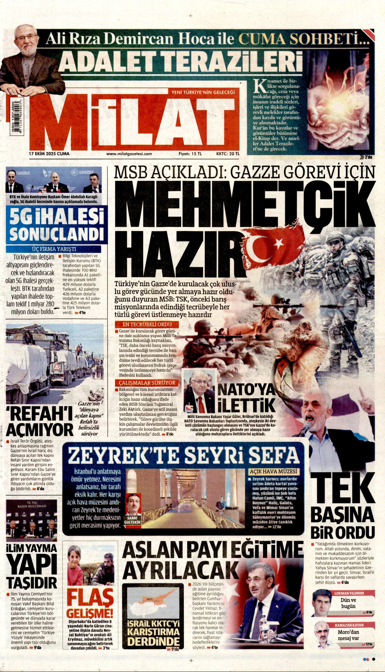 MİLAT gazetesinin 17 Ekim 2025 tarihli birinci sayfası