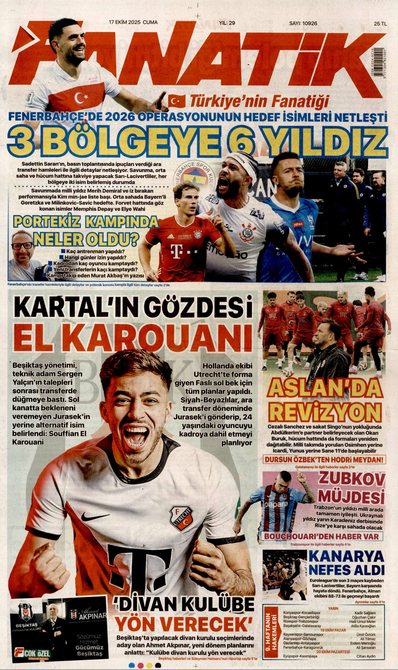 FANATİK gazetesinin 17 Ekim 2025 tarihli birinci sayfası