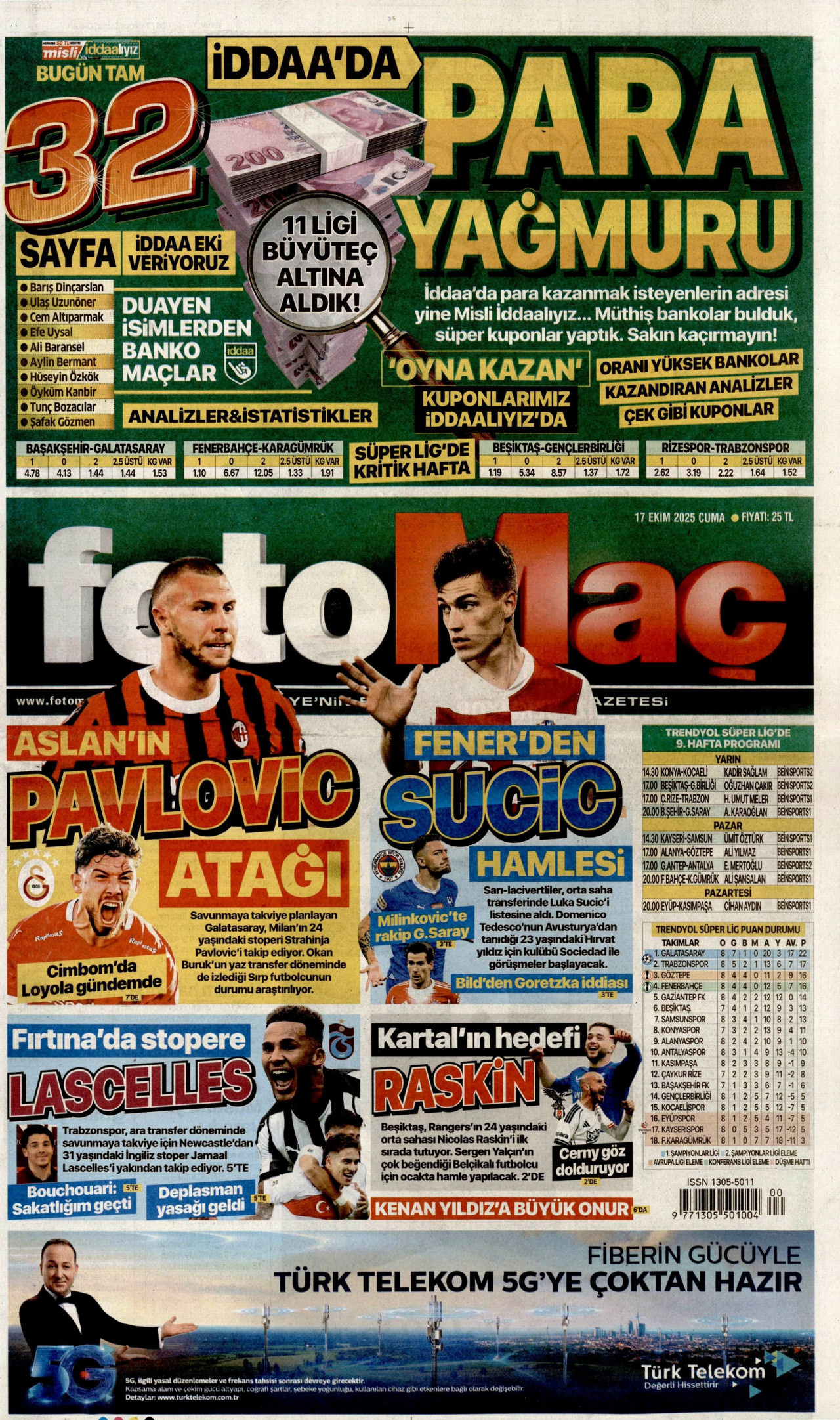 FOTOMAÇ gazetesinin 17 Ekim 2025 tarihli birinci sayfası