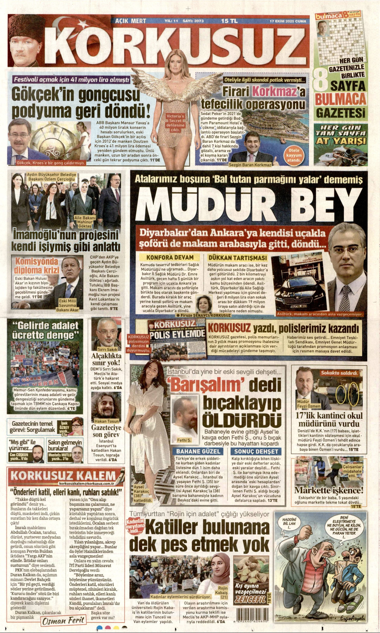 KORKUSUZ gazetesinin 17 Ekim 2025 tarihli birinci sayfası