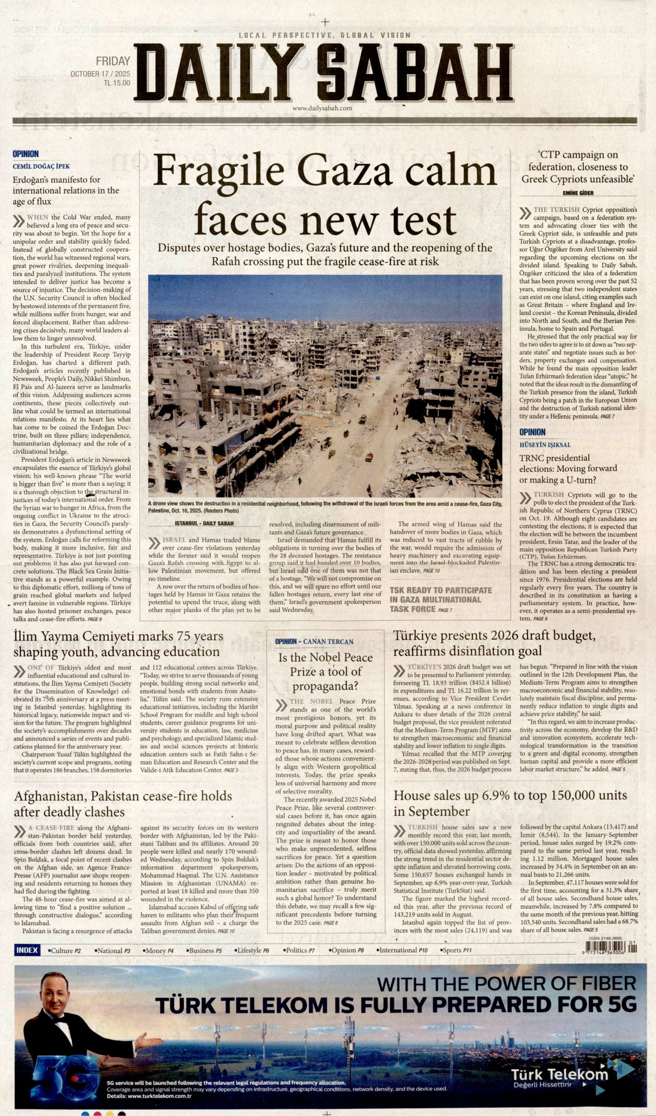 DAİLY SABAH gazetesinin 17 Ekim 2025 tarihli birinci sayfası