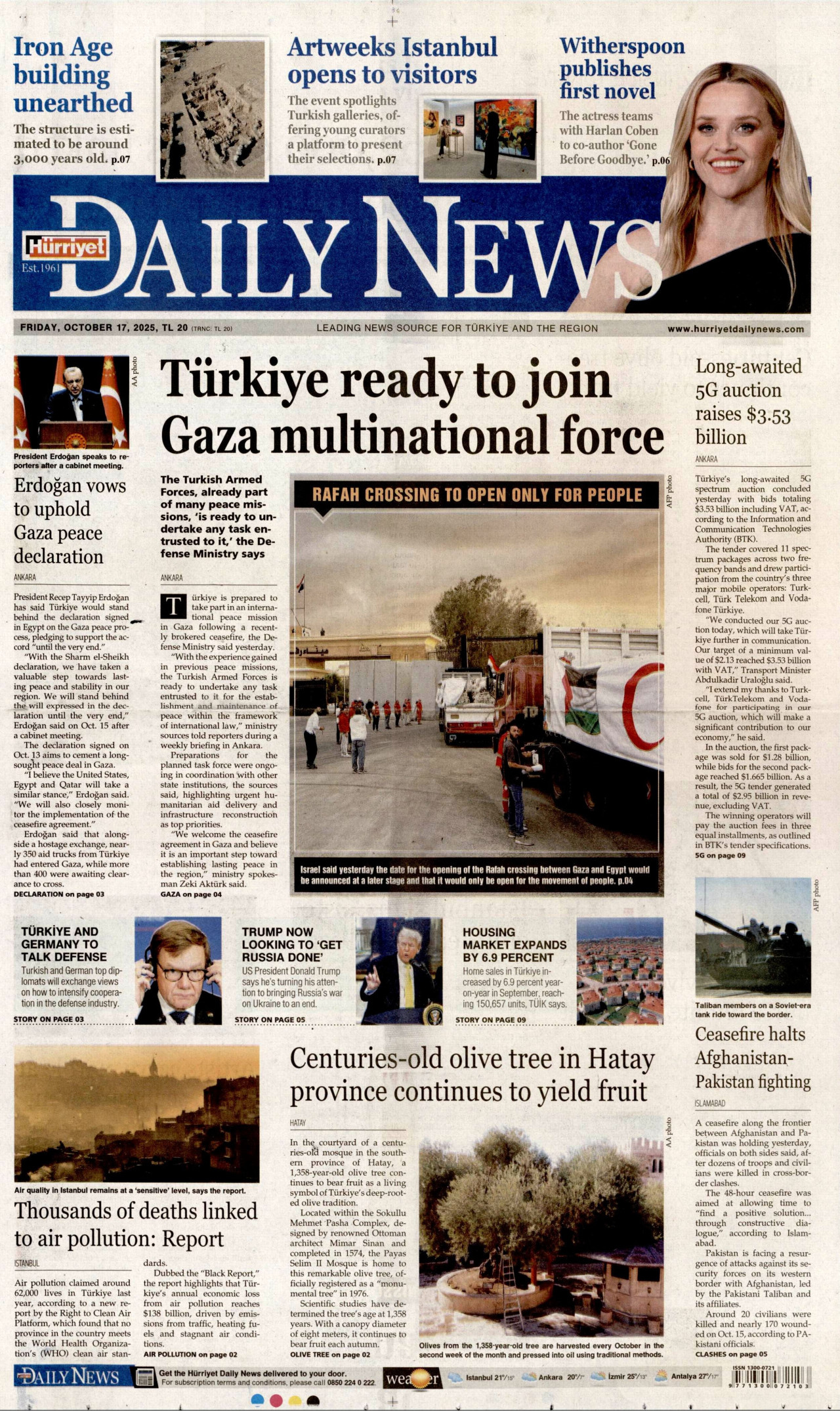 HÜRRİYET DAİLY NEWS gazetesinin 17 Ekim 2025 tarihli birinci sayfası