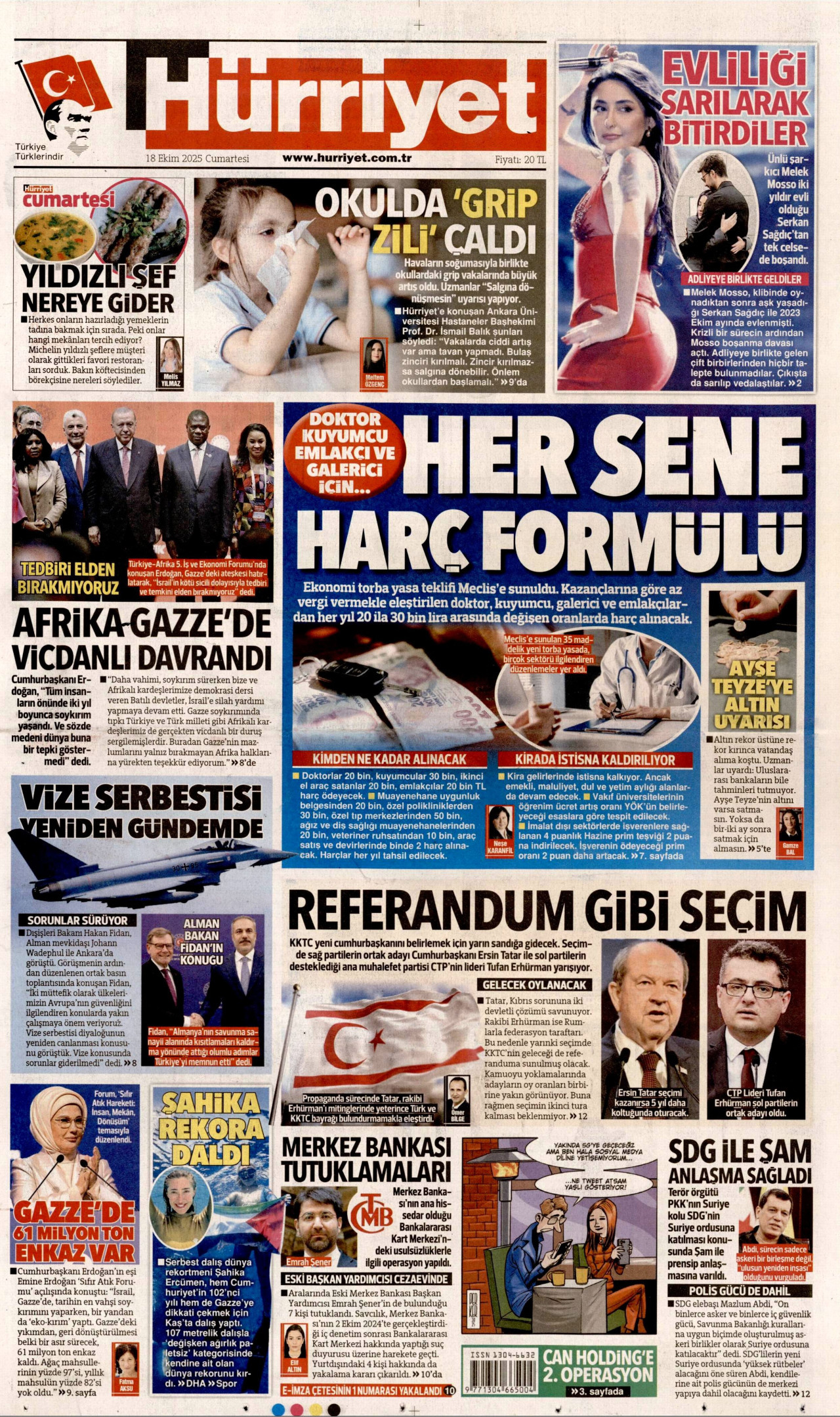 HÜRRİYET gazetesinin 18 Ekim 2025 tarihli birinci sayfası