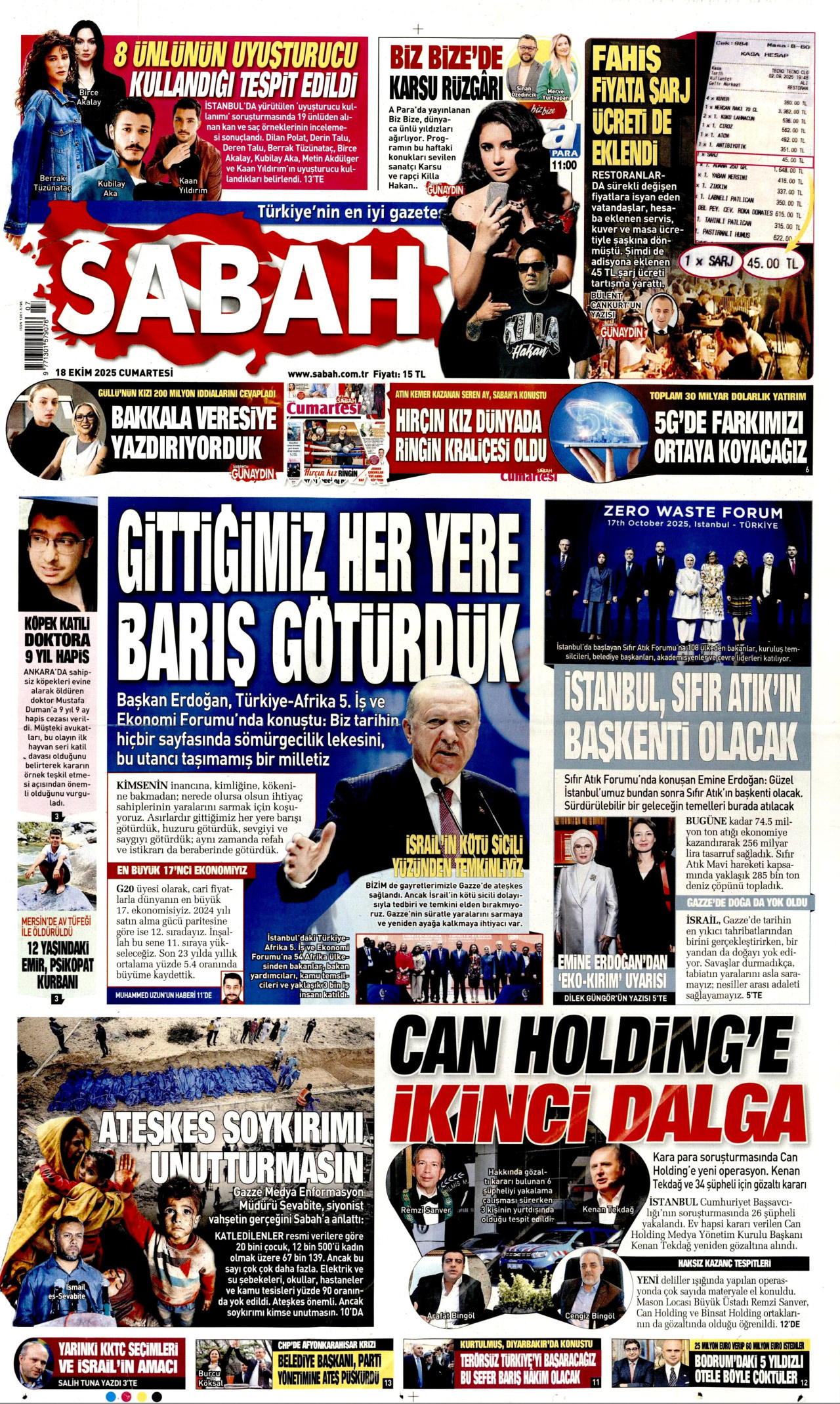 SABAH gazetesinin 18 Ekim 2025 tarihli birinci sayfası