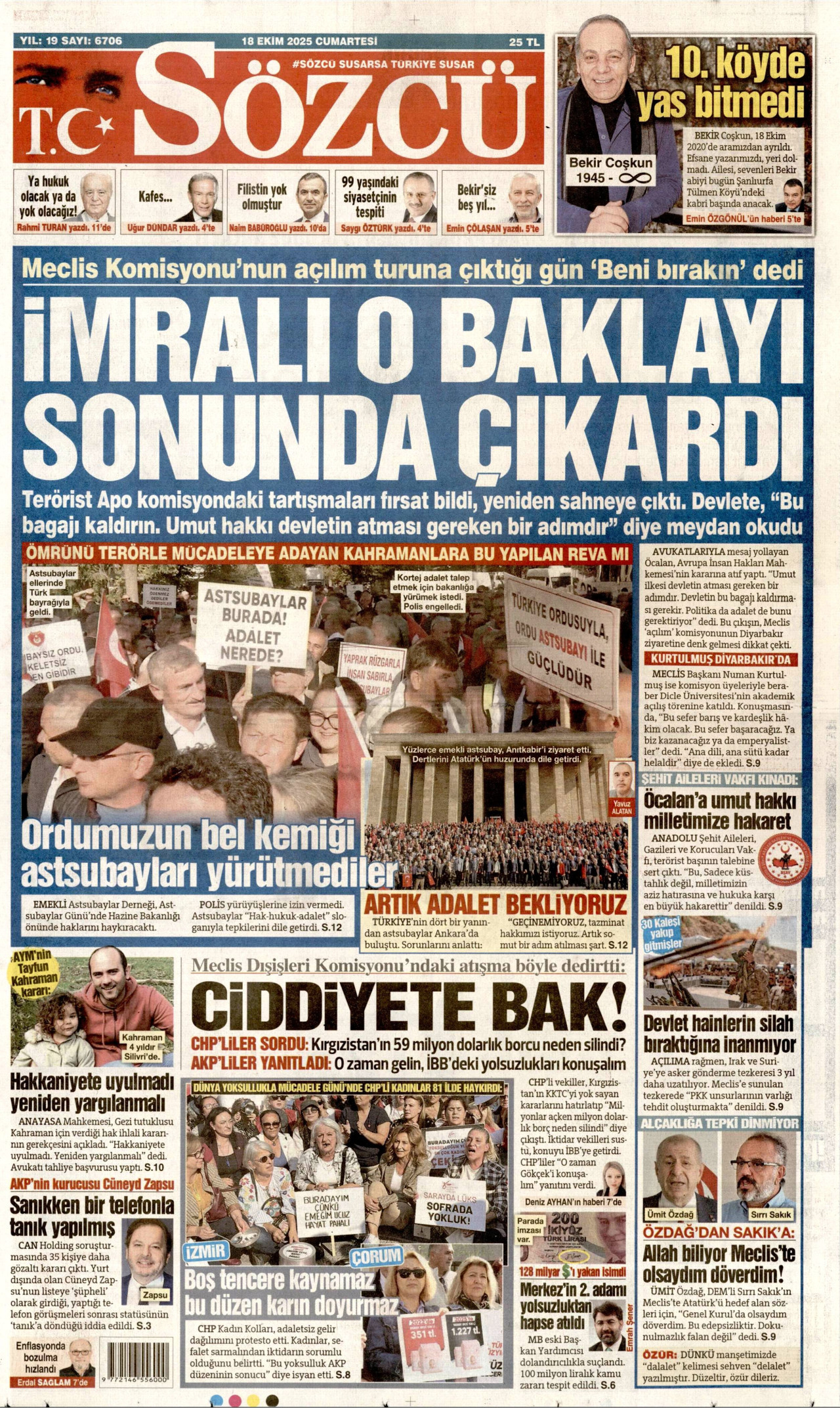 SÖZCÜ gazetesinin 18 Ekim 2025 tarihli birinci sayfası