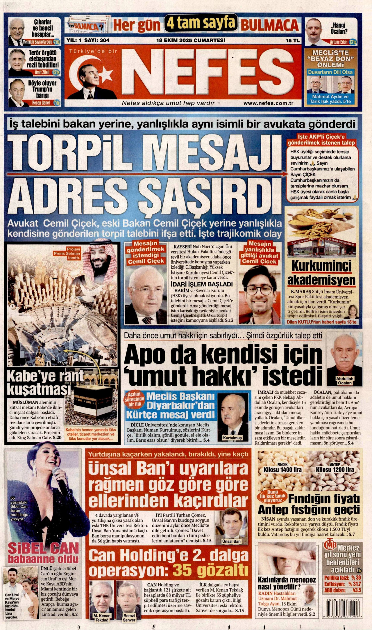 NEFES gazetesinin 18 Ekim 2025 tarihli birinci sayfası