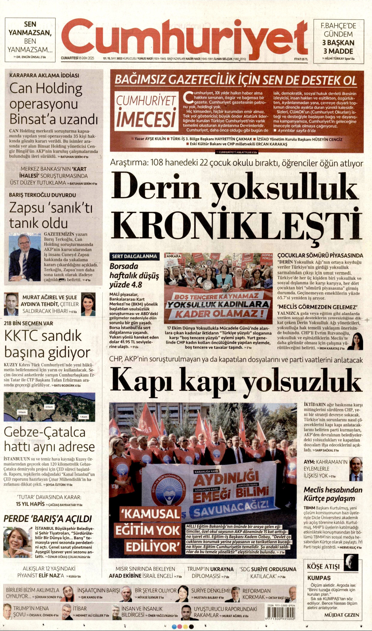 CUMHURİYET gazetesinin 18 Ekim 2025 tarihli birinci sayfası