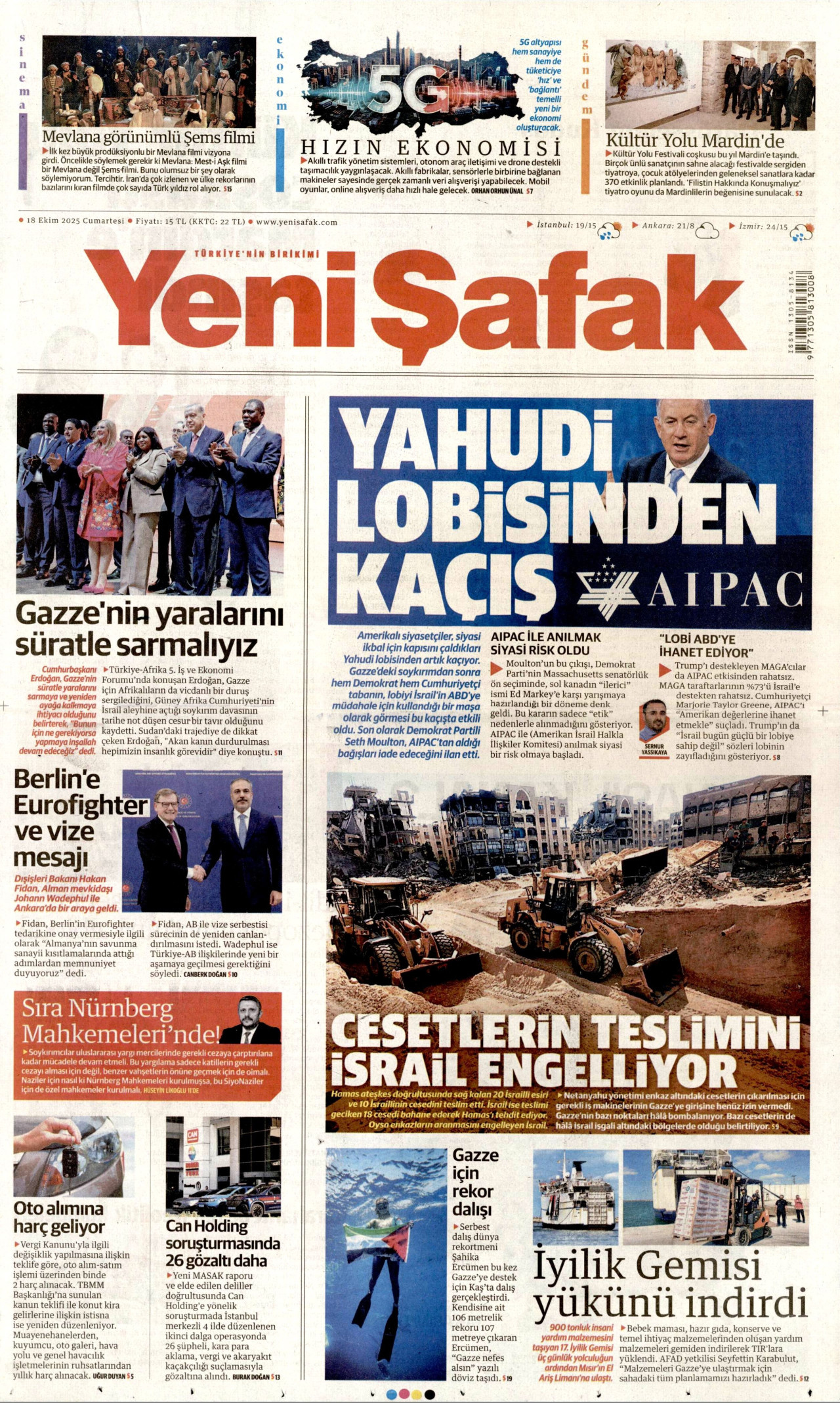 YENİ ŞAFAK gazetesinin 18 Ekim 2025 tarihli birinci sayfası
