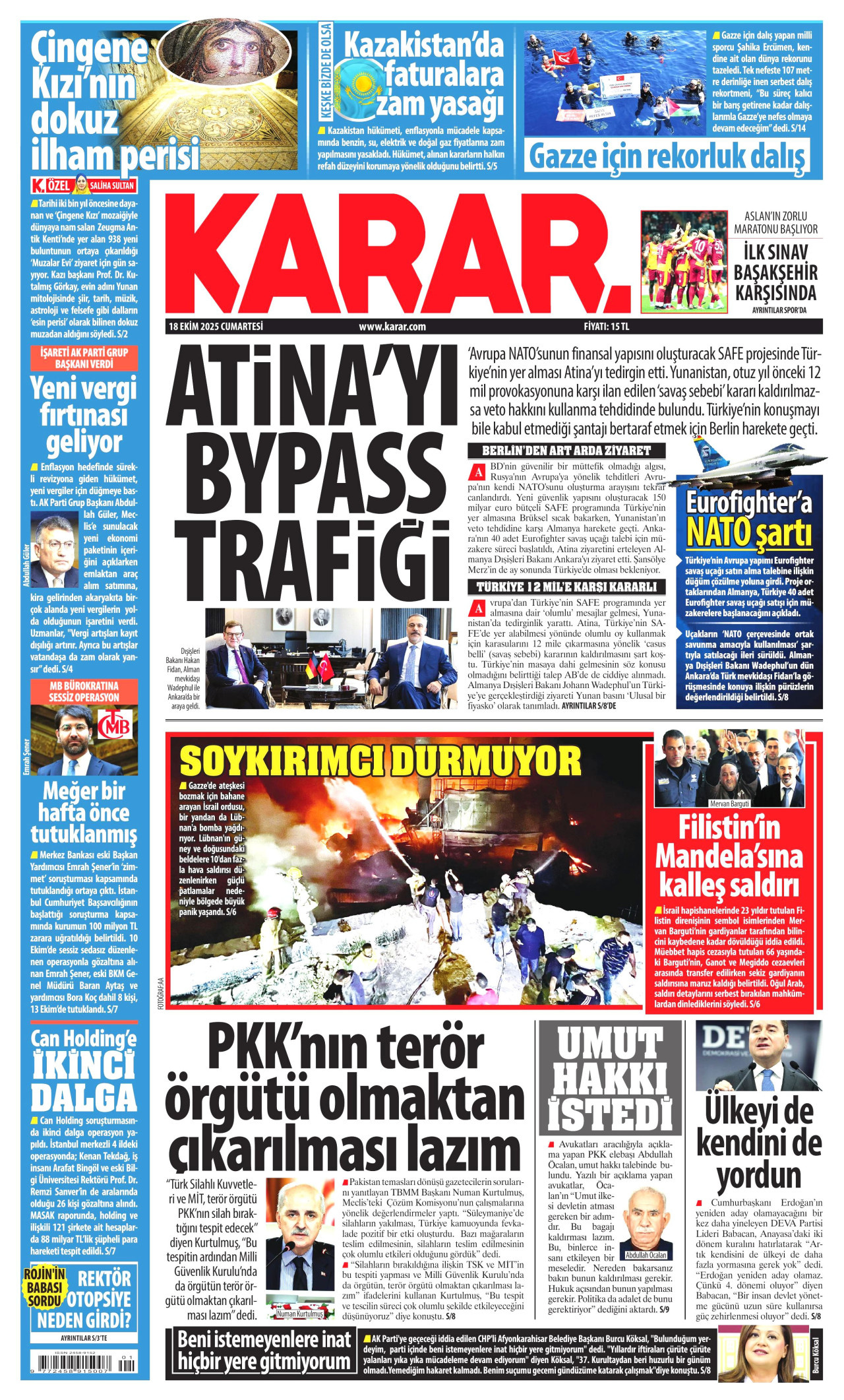 KARAR gazetesinin 18 Ekim 2025 tarihli birinci sayfası