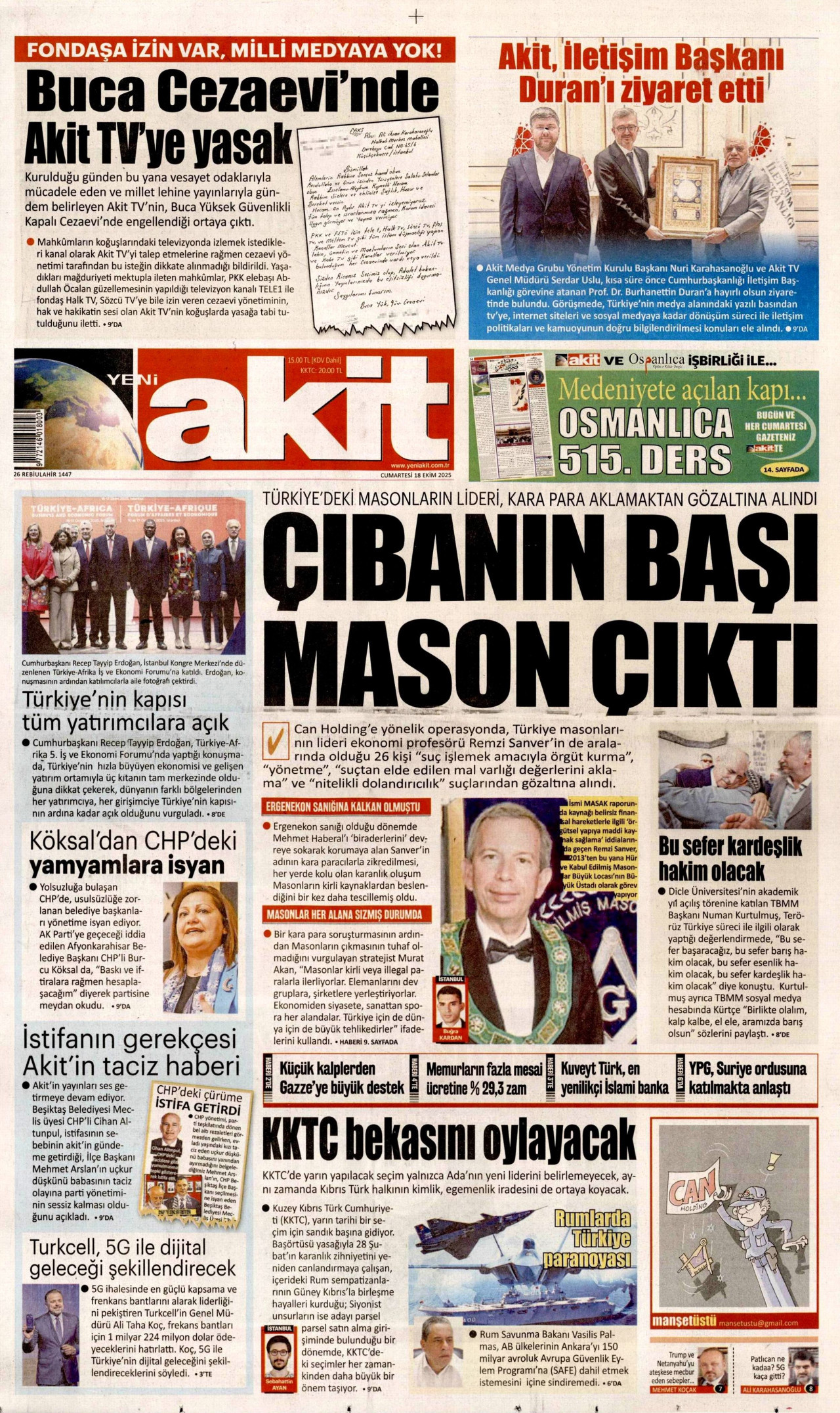 YENİ AKİT gazetesinin 18 Ekim 2025 tarihli birinci sayfası
