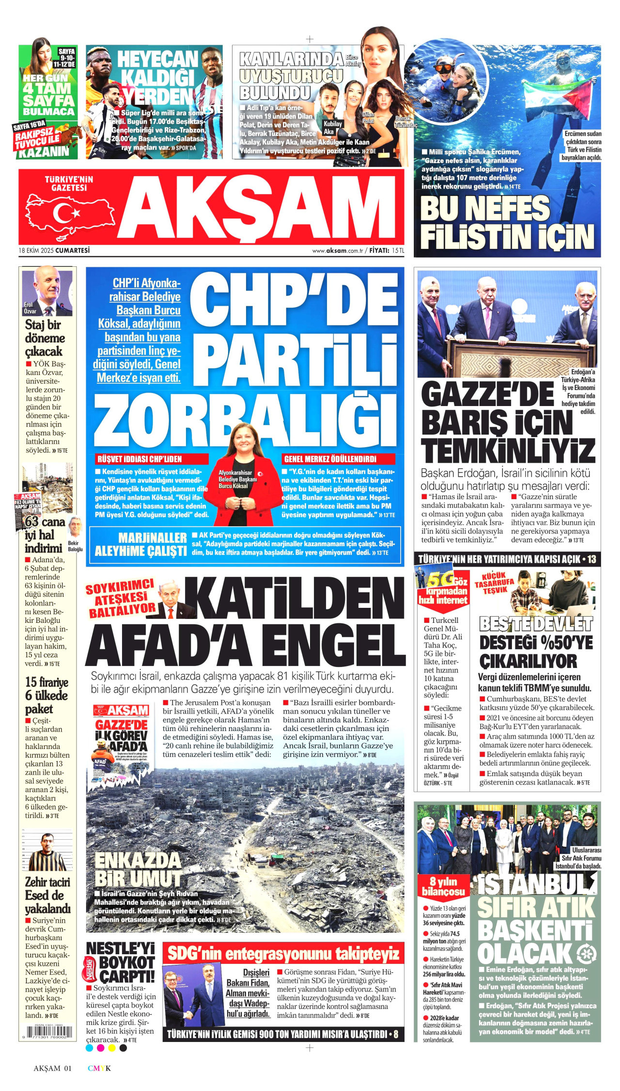 AKŞAM gazetesinin 18 Ekim 2025 tarihli birinci sayfası