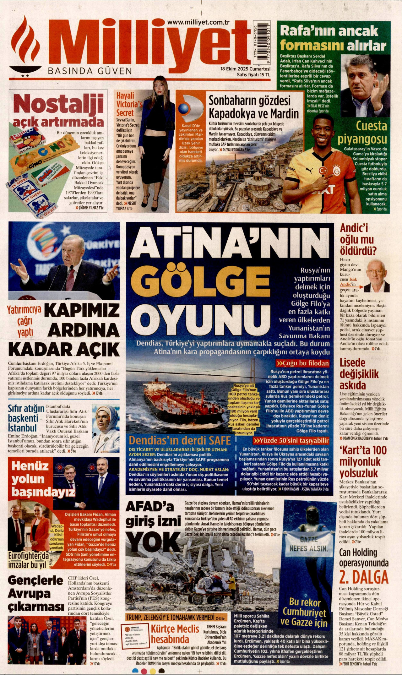 MİLLİYET gazetesinin 18 Ekim 2025 tarihli birinci sayfası