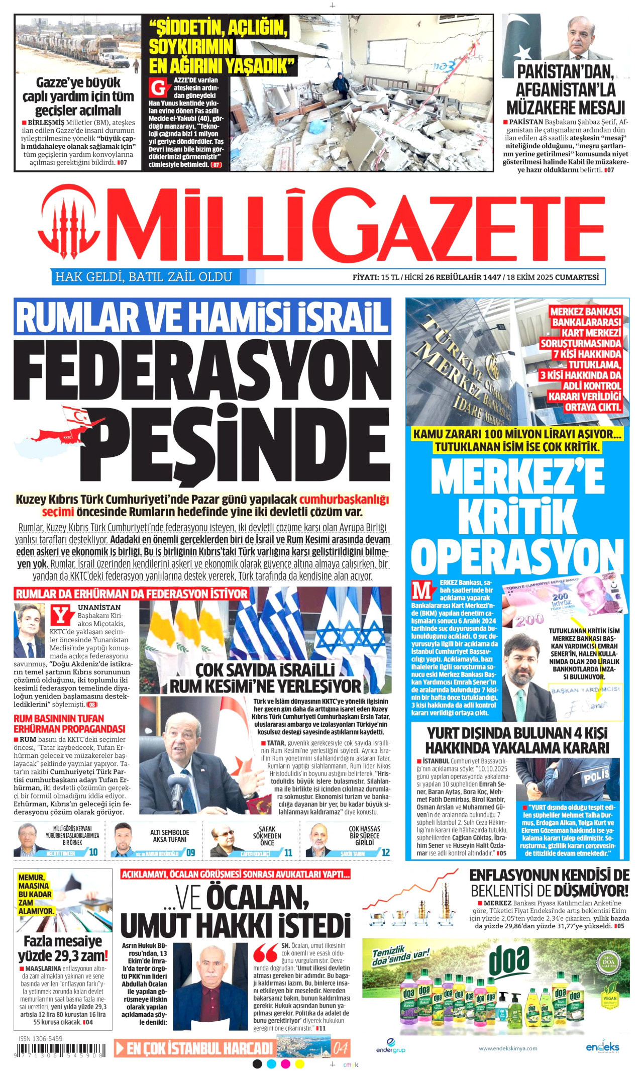 MİLLİ GAZETE gazetesinin 18 Ekim 2025 tarihli birinci sayfası