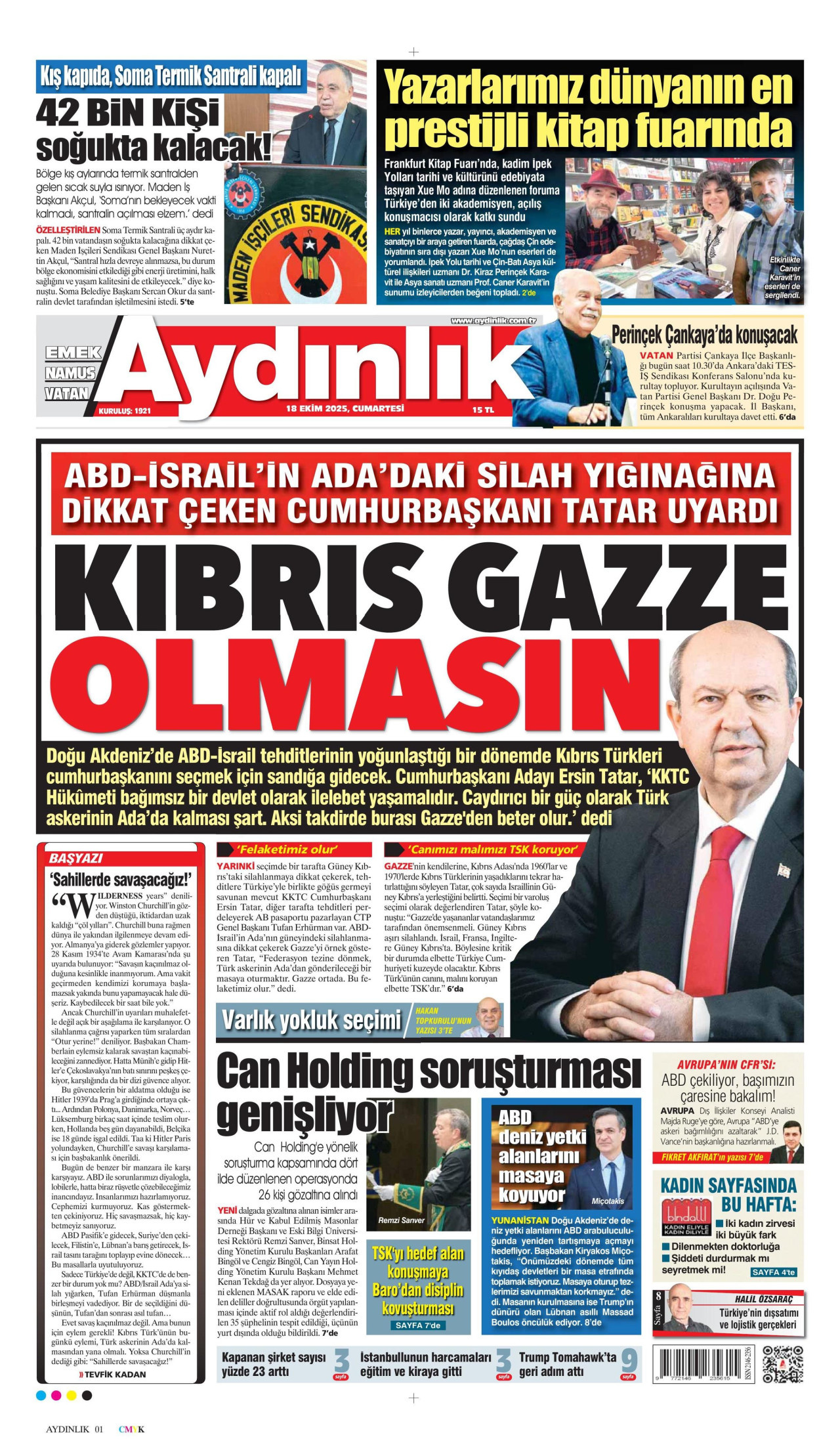 AYDINLIK GAZETESİ gazetesinin 18 Ekim 2025 tarihli birinci sayfası