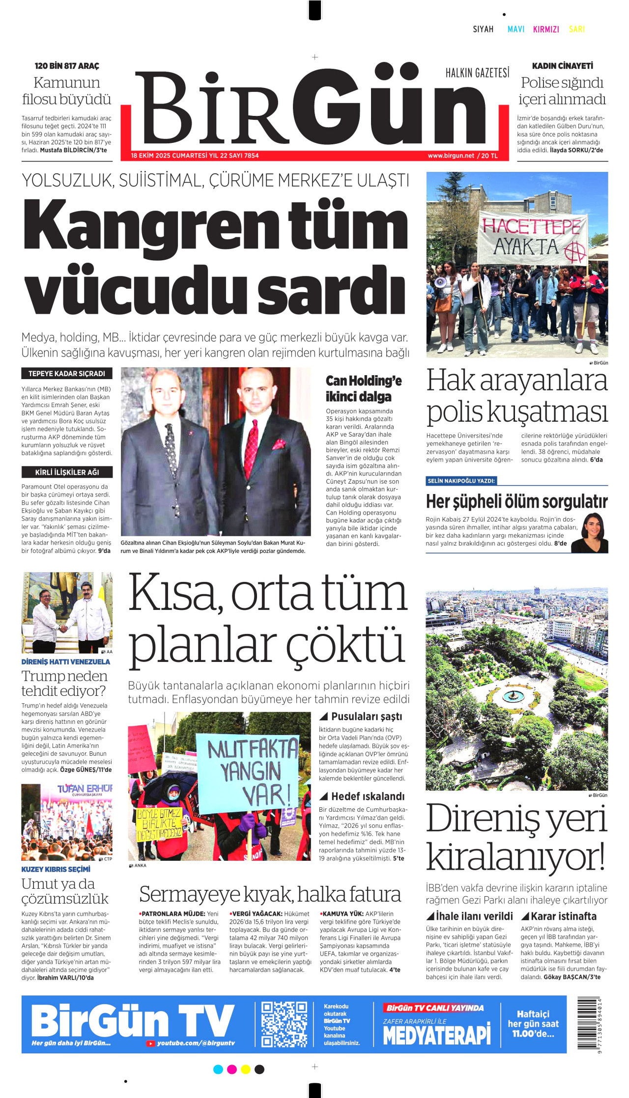 BİRGÜN gazetesinin 18 Ekim 2025 tarihli birinci sayfası