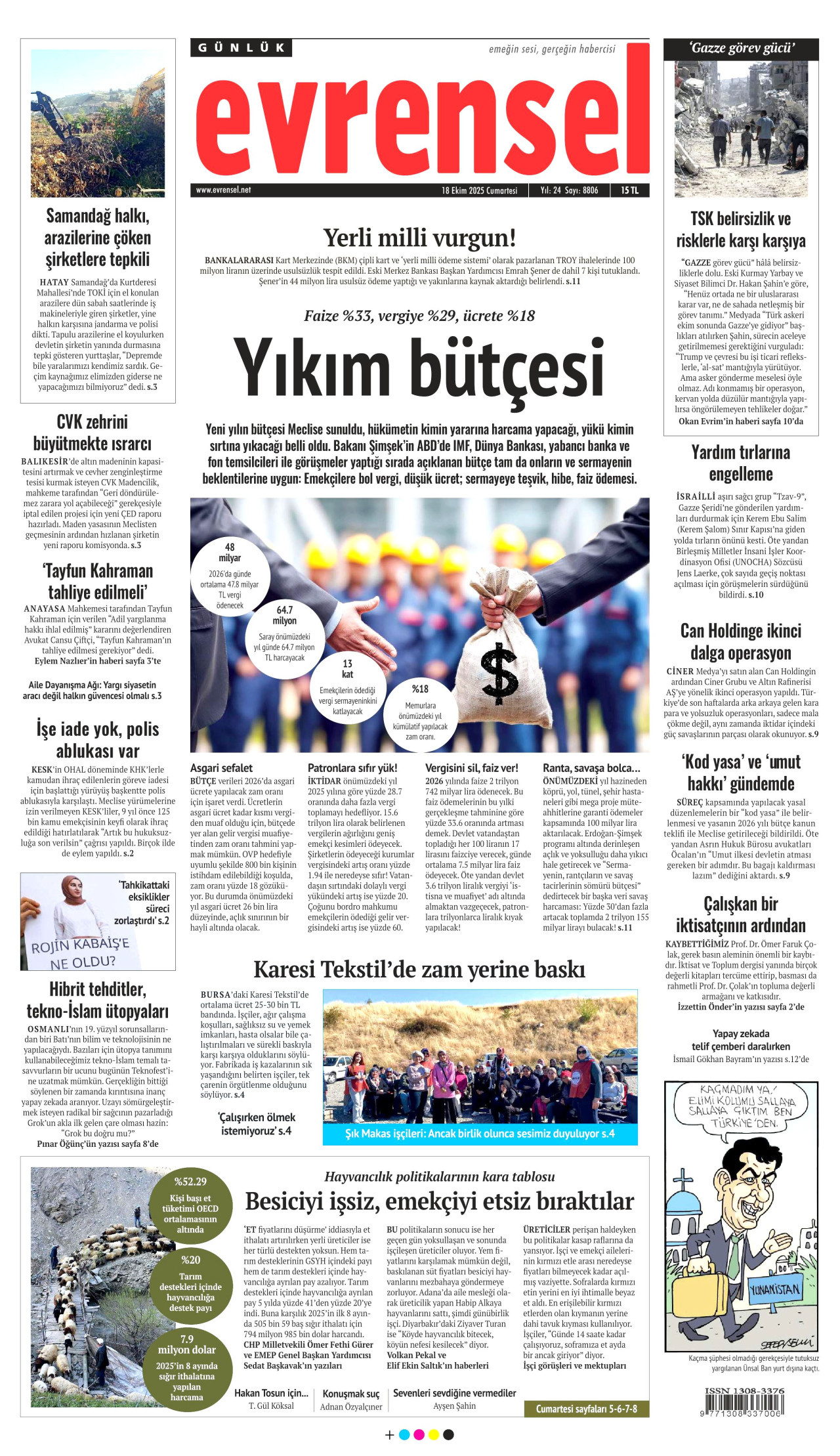 EVRENSEL gazetesinin 18 Ekim 2025 tarihli birinci sayfası