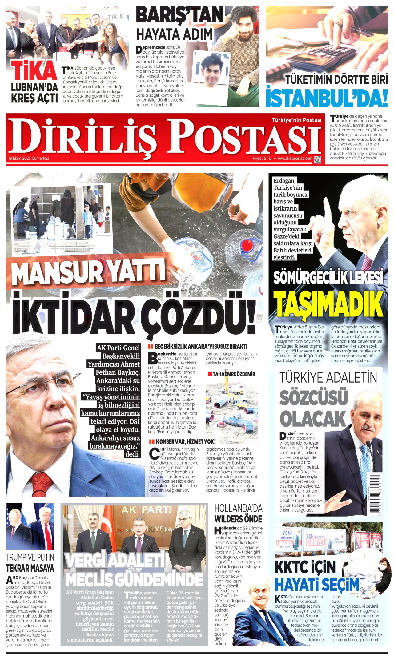 DİRİLİŞ POSTASI gazetesinin 18 Ekim 2025 tarihli birinci sayfası