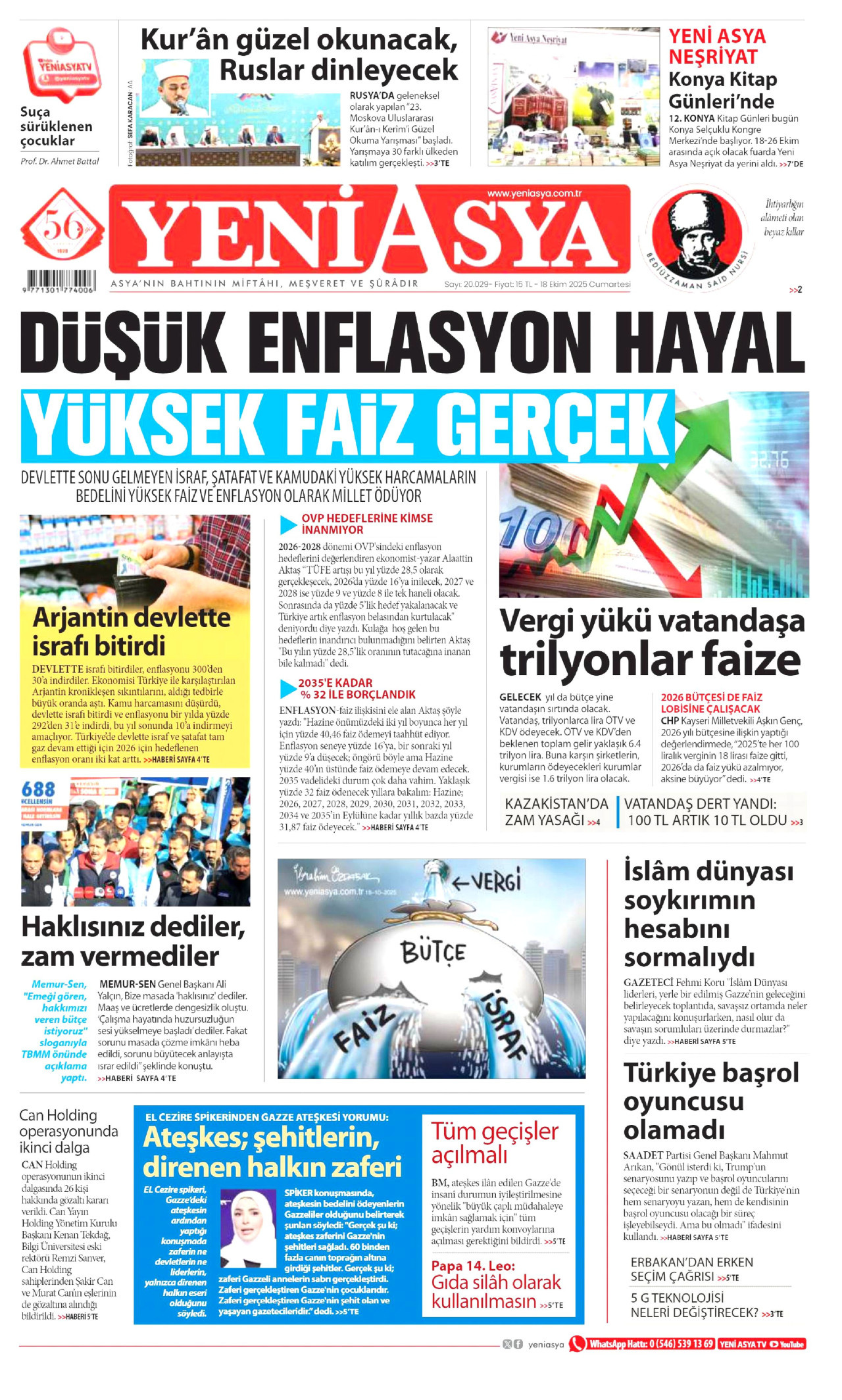 YENİ ASYA gazetesinin 18 Ekim 2025 tarihli birinci sayfası