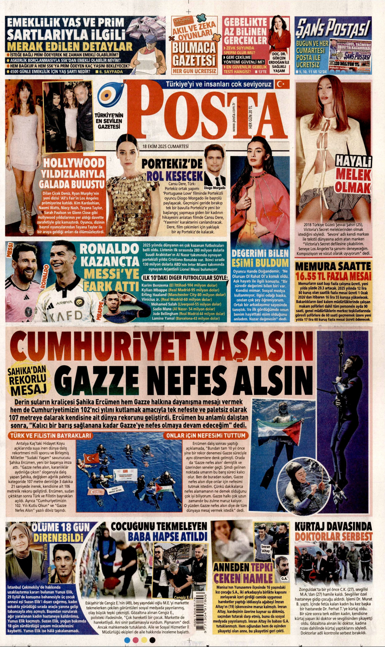 POSTA gazetesinin 18 Ekim 2025 tarihli birinci sayfası