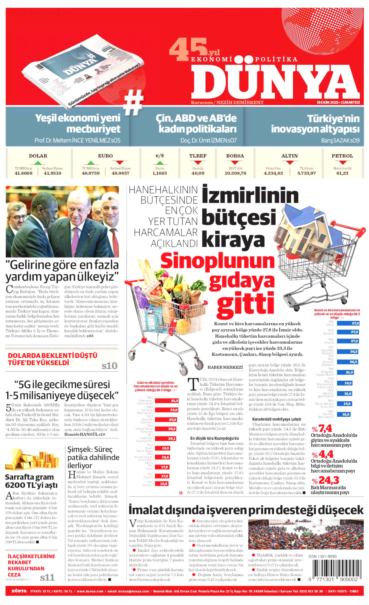 DÜNYA gazetesinin 18 Ekim 2025 tarihli birinci sayfası