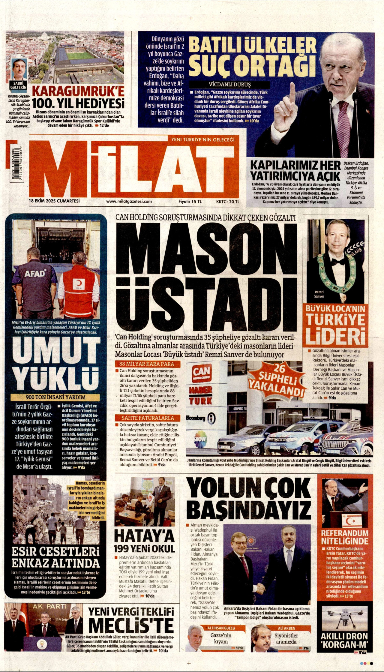 MİLAT gazetesinin 18 Ekim 2025 tarihli birinci sayfası