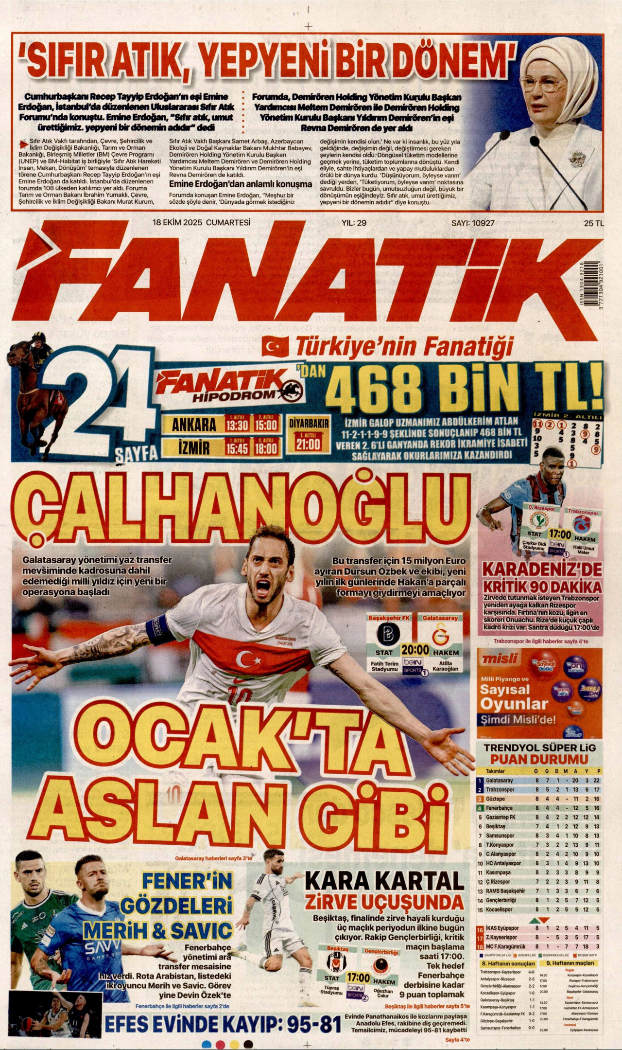 FANATİK gazetesinin 18 Ekim 2025 tarihli birinci sayfası