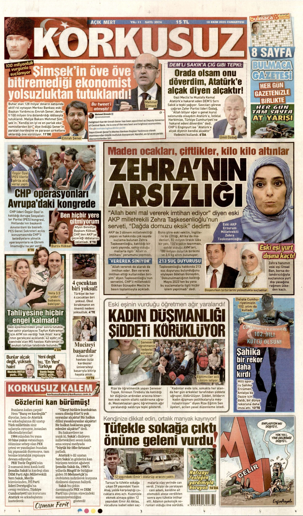 KORKUSUZ gazetesinin 18 Ekim 2025 tarihli birinci sayfası