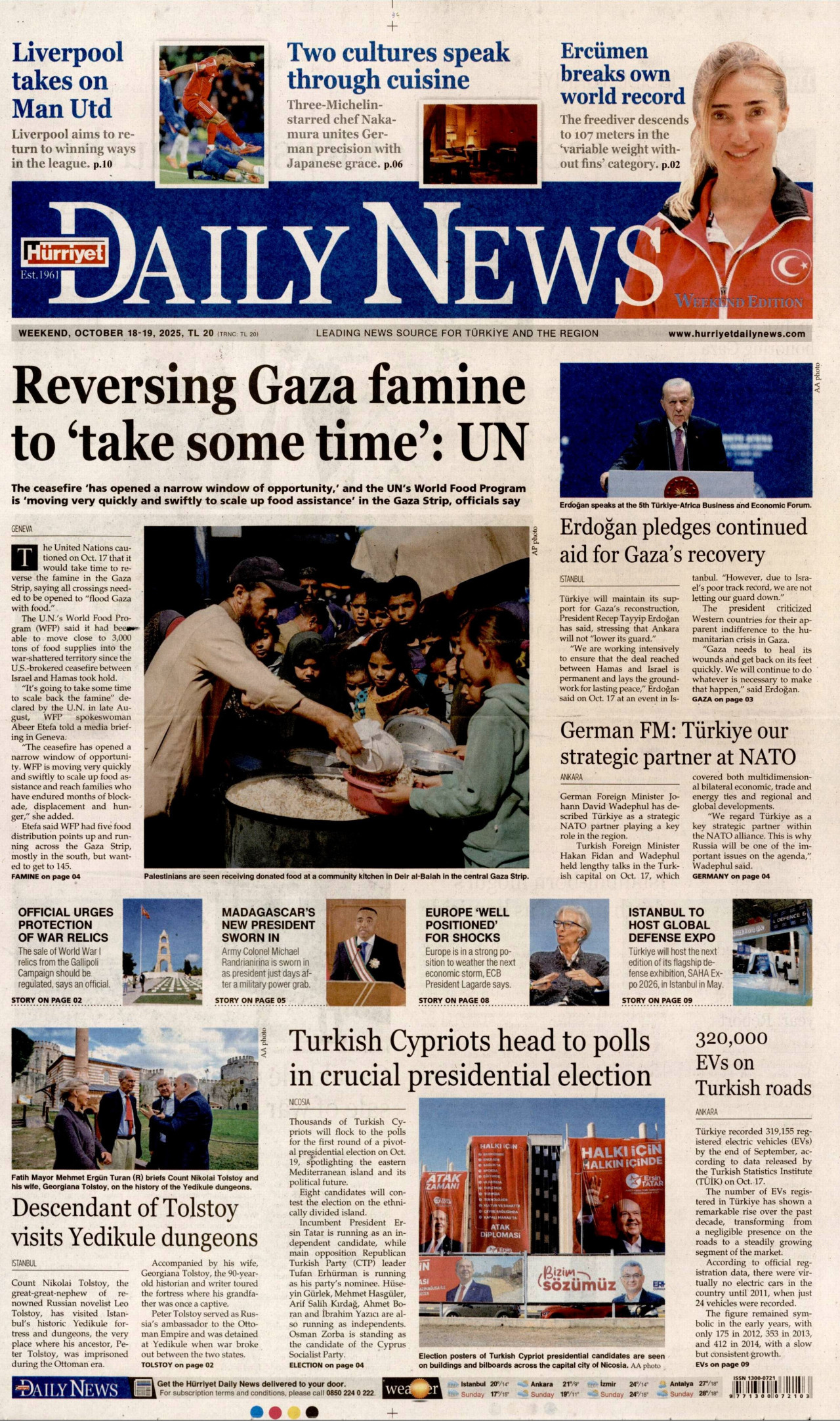 HÜRRİYET DAİLY NEWS gazetesinin 18 Ekim 2025 tarihli birinci sayfası