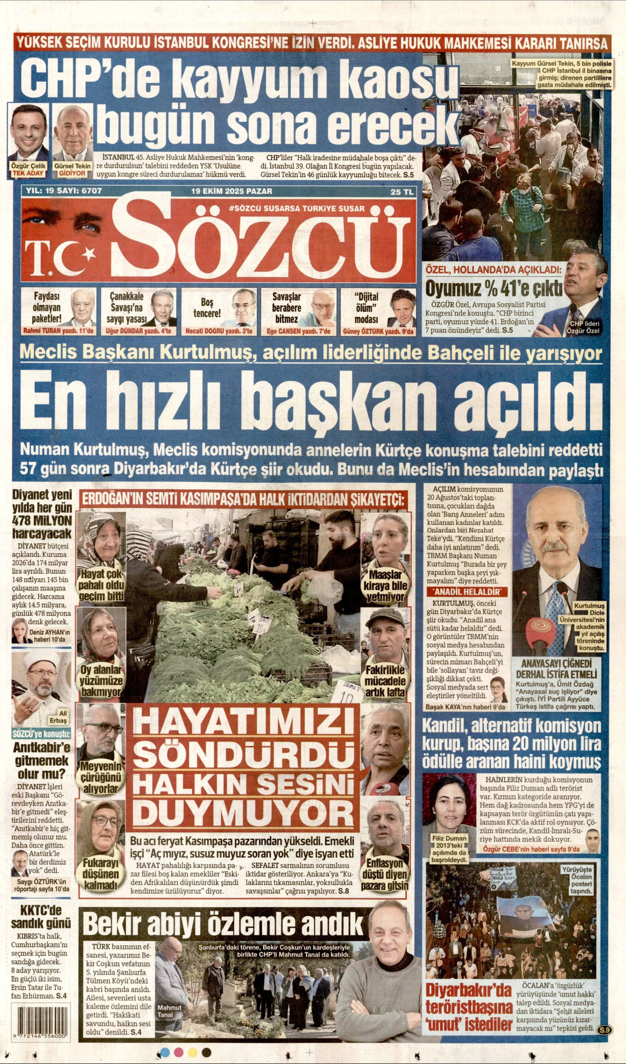 SÖZCÜ gazetesinin 19 Ekim 2025 tarihli birinci sayfası