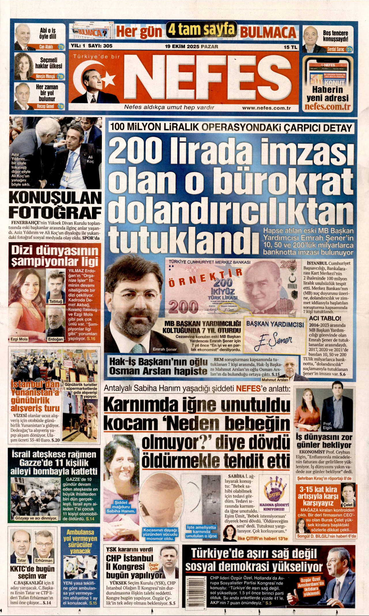 NEFES gazetesinin 19 Ekim 2025 tarihli birinci sayfası