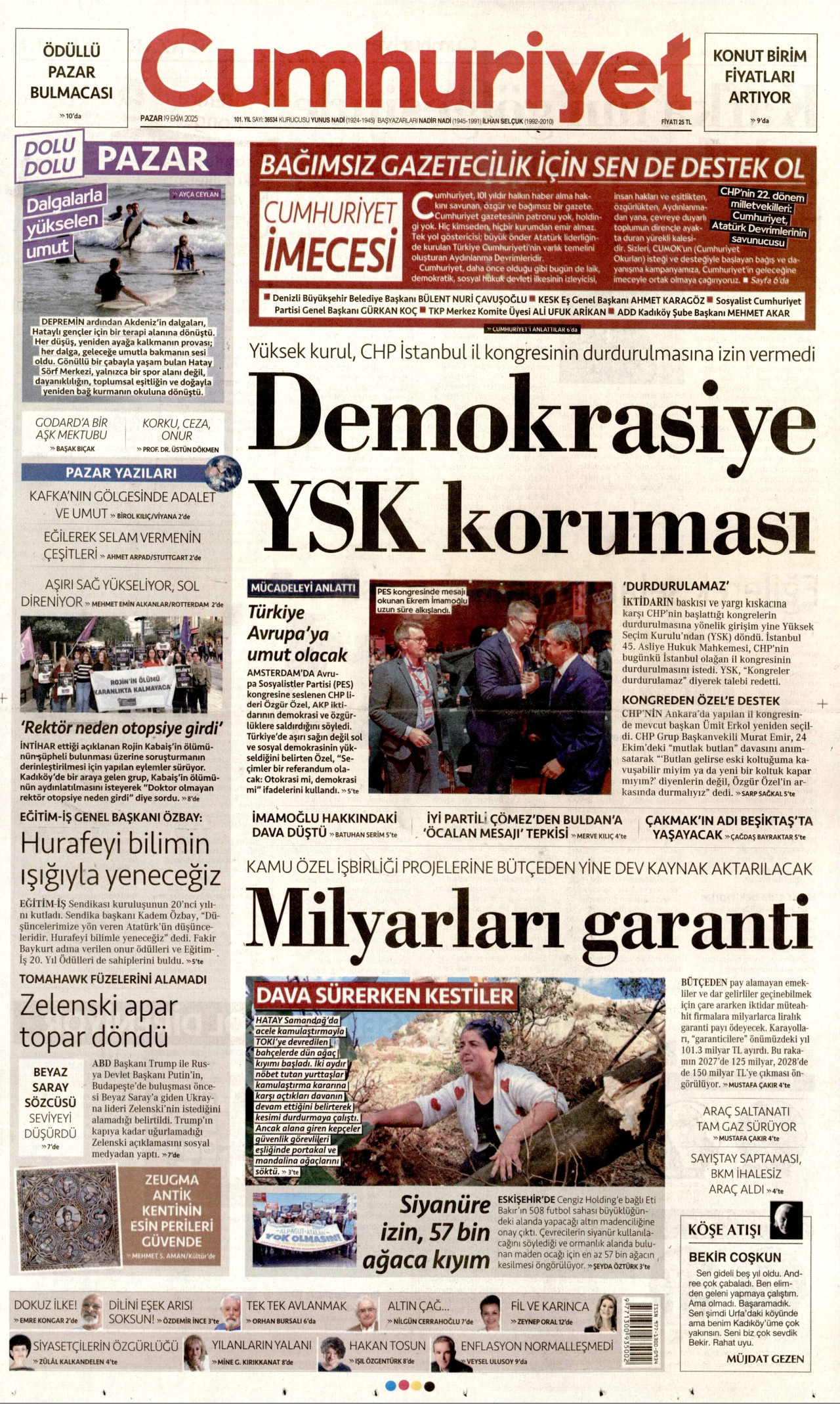 CUMHURİYET gazetesinin 19 Ekim 2025 tarihli birinci sayfası