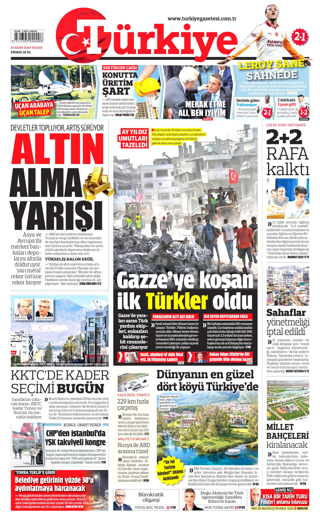 TÜRKİYE GAZETESİ gazetesinin 19 Ekim 2025 tarihli birinci sayfası