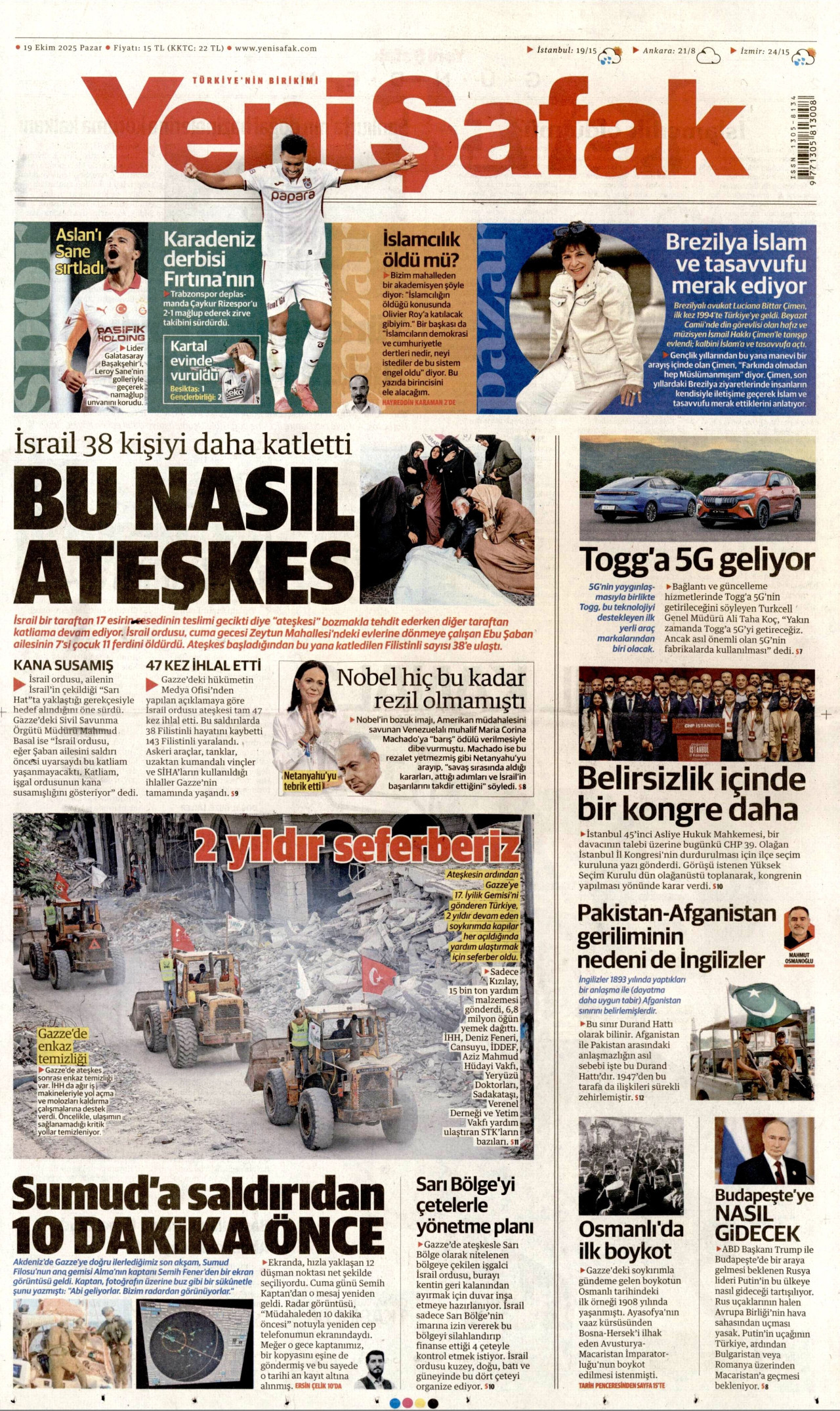 YENİ ŞAFAK gazetesinin 19 Ekim 2025 tarihli birinci sayfası