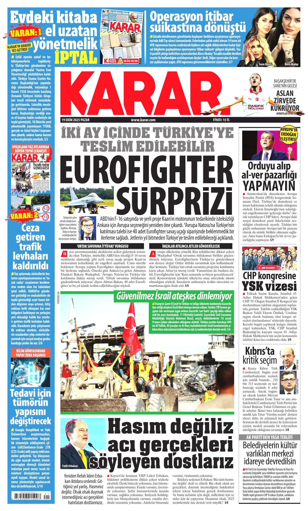KARAR gazetesinin 19 Ekim 2025 tarihli birinci sayfası