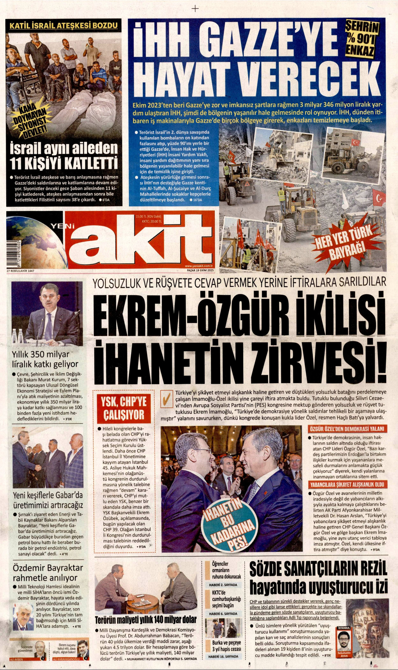 YENİ AKİT gazetesinin 19 Ekim 2025 tarihli birinci sayfası
