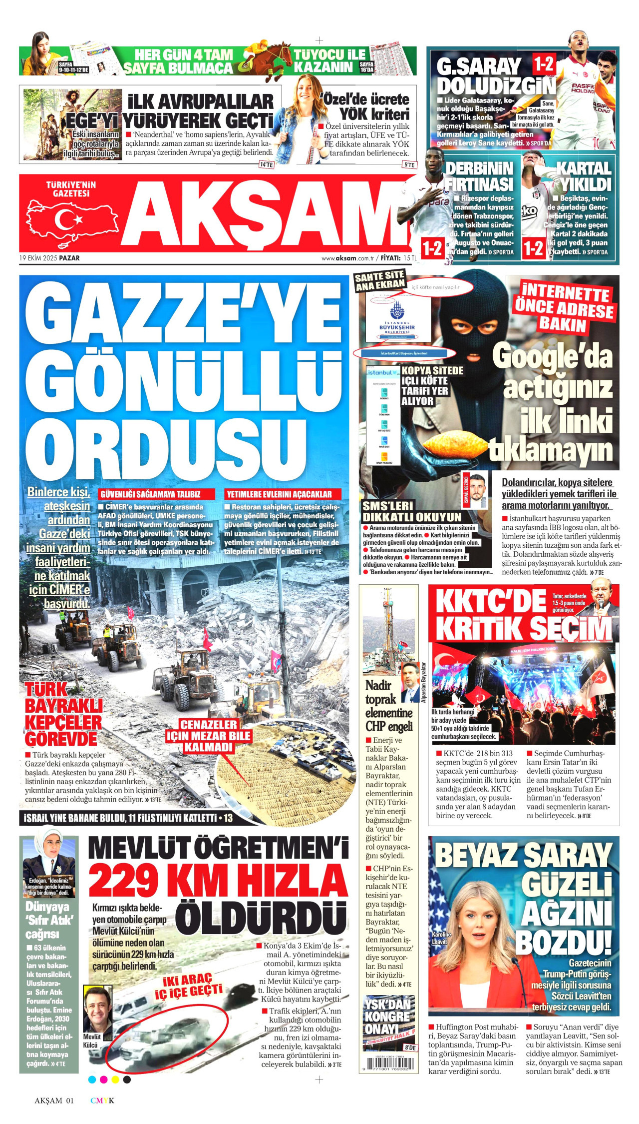 AKŞAM gazetesinin 19 Ekim 2025 tarihli birinci sayfası