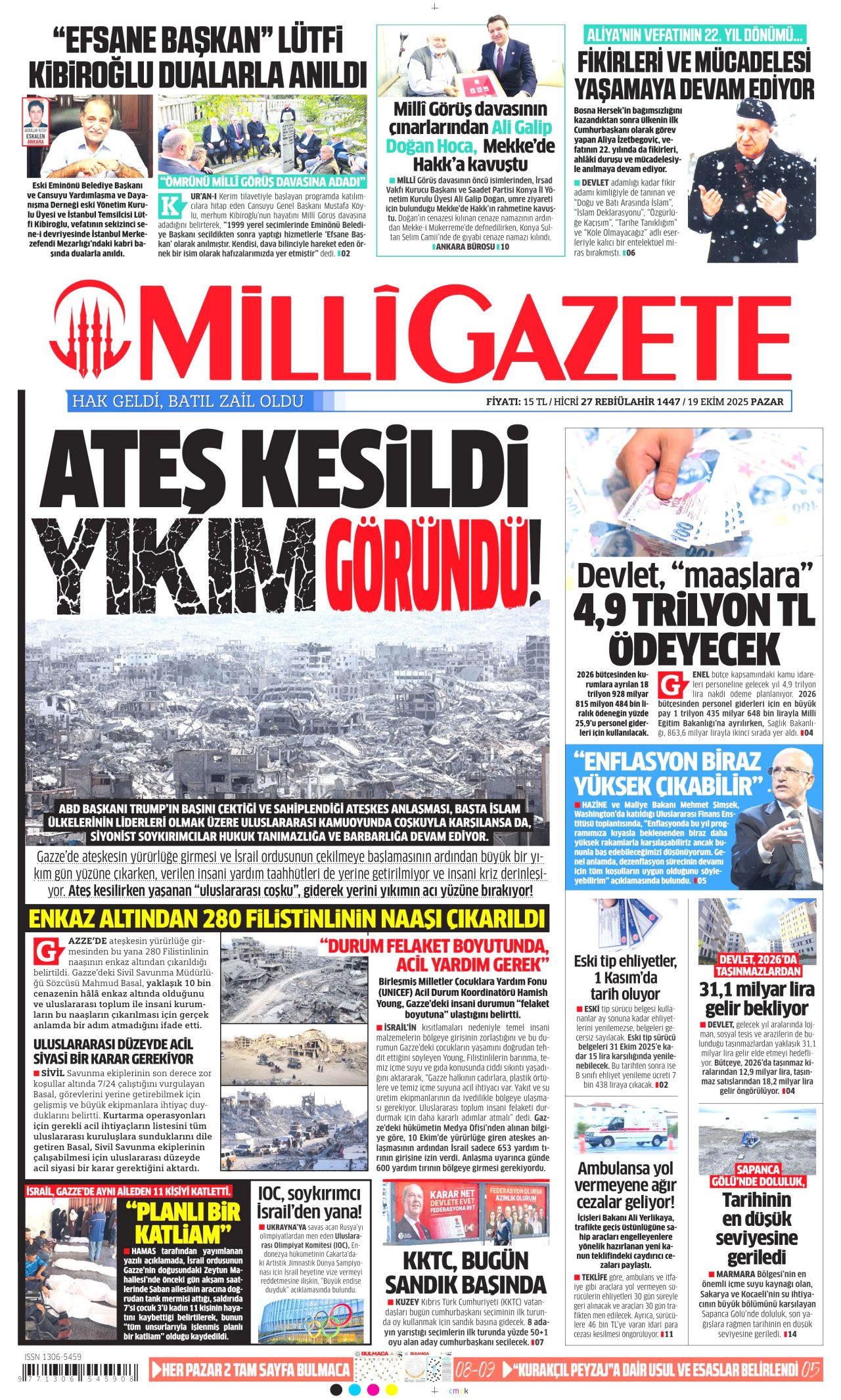 MİLLİ GAZETE gazetesinin 19 Ekim 2025 tarihli birinci sayfası