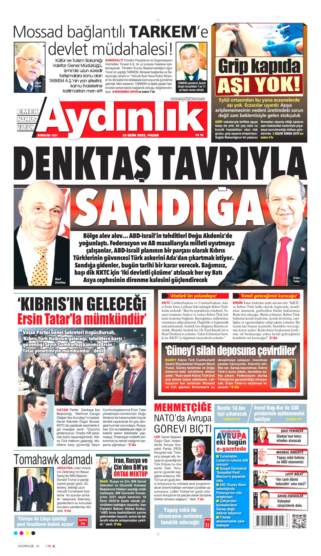 AYDINLIK GAZETESİ gazetesinin 19 Ekim 2025 tarihli birinci sayfası