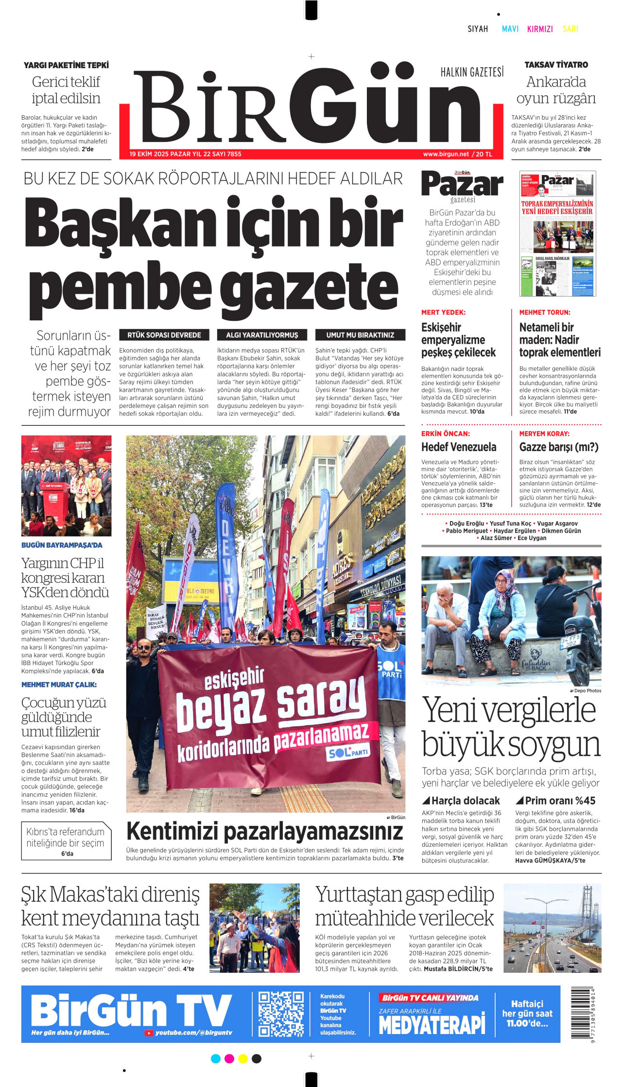 BİRGÜN gazetesinin 19 Ekim 2025 tarihli birinci sayfası