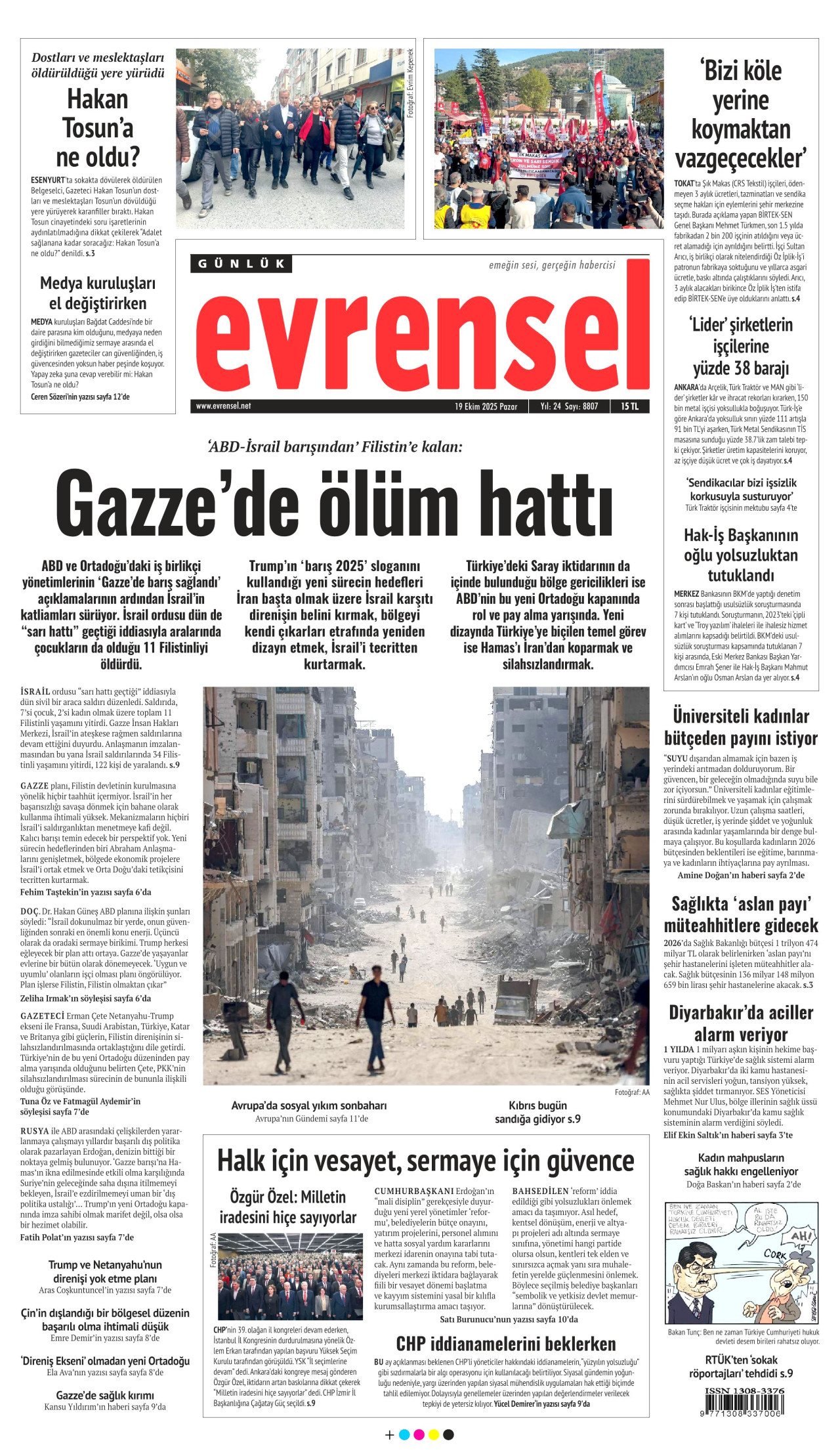 EVRENSEL gazetesinin 19 Ekim 2025 tarihli birinci sayfası