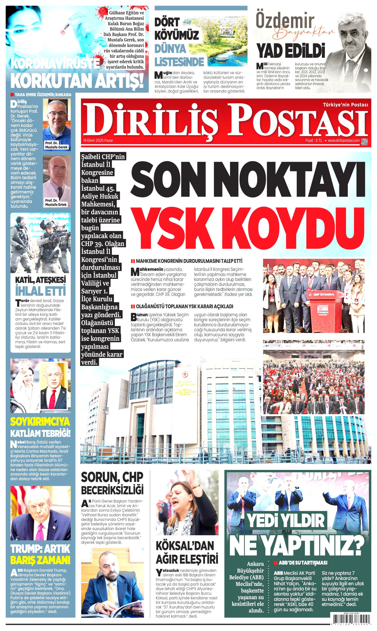DİRİLİŞ POSTASI gazetesinin 19 Ekim 2025 tarihli birinci sayfası