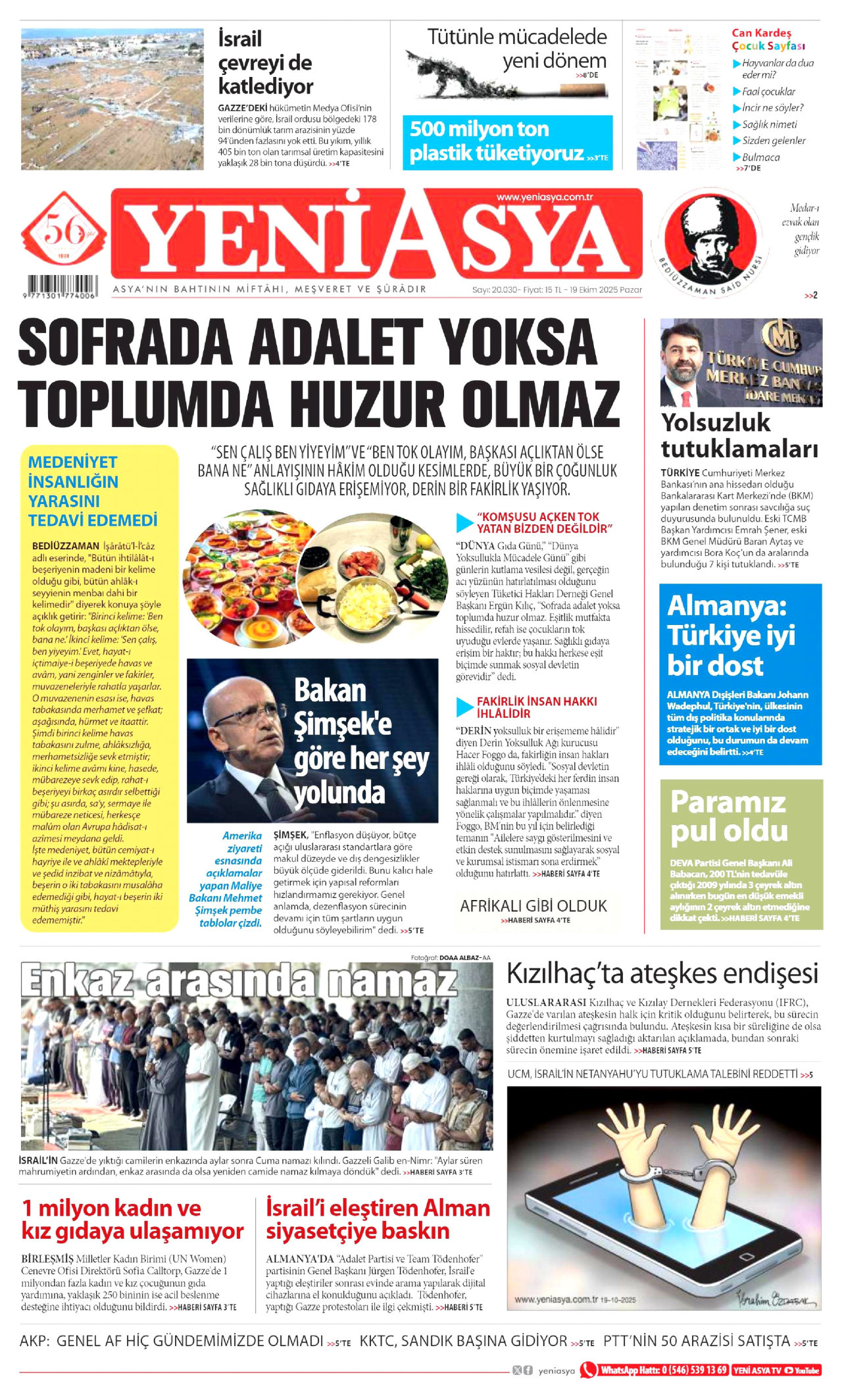 YENİ ASYA gazetesinin 19 Ekim 2025 tarihli birinci sayfası