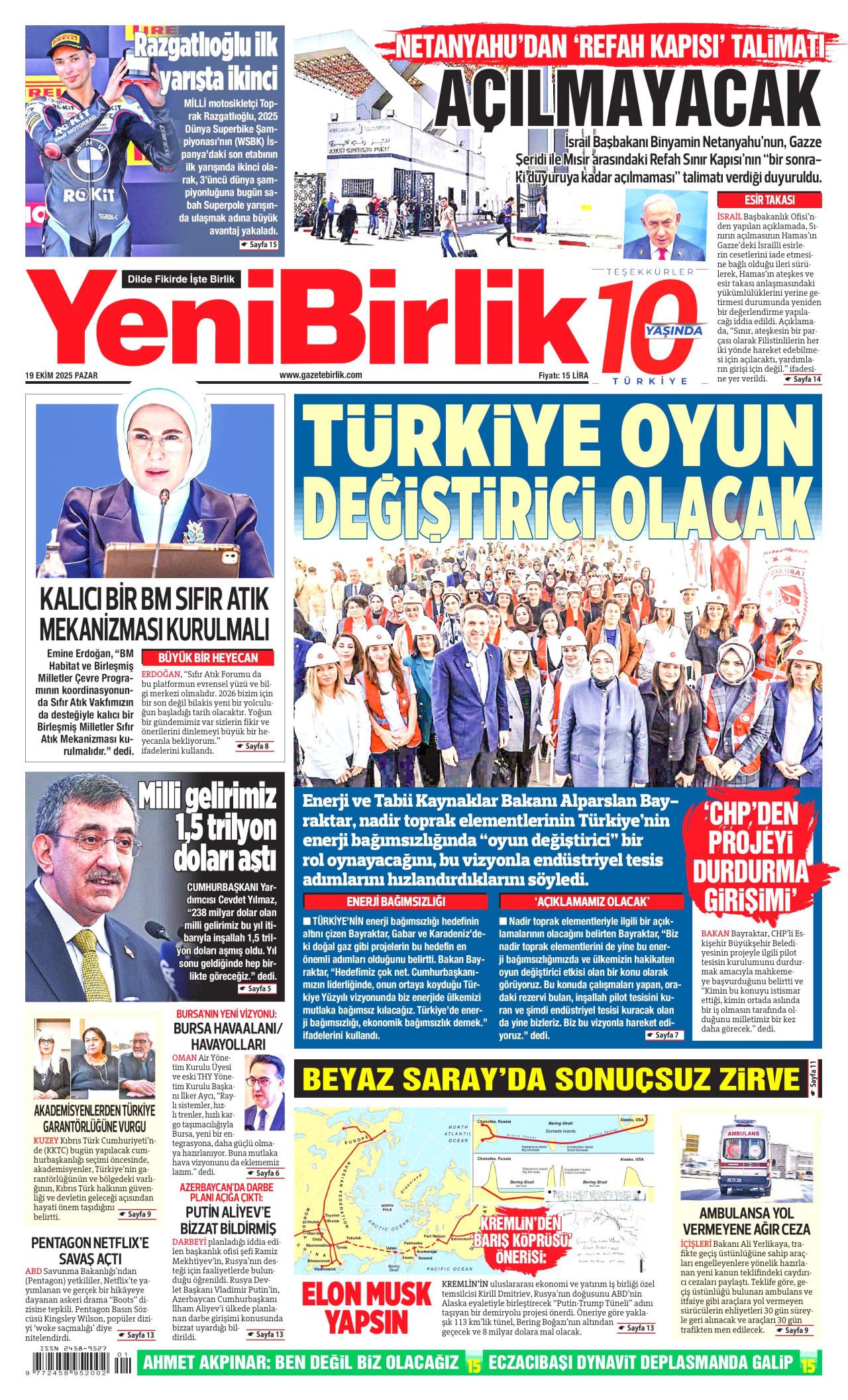 YENİBİRLİK gazetesinin 19 Ekim 2025 tarihli birinci sayfası