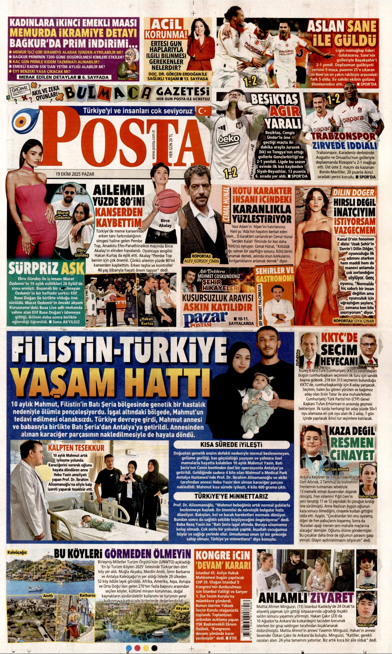 POSTA gazetesinin 19 Ekim 2025 tarihli birinci sayfası