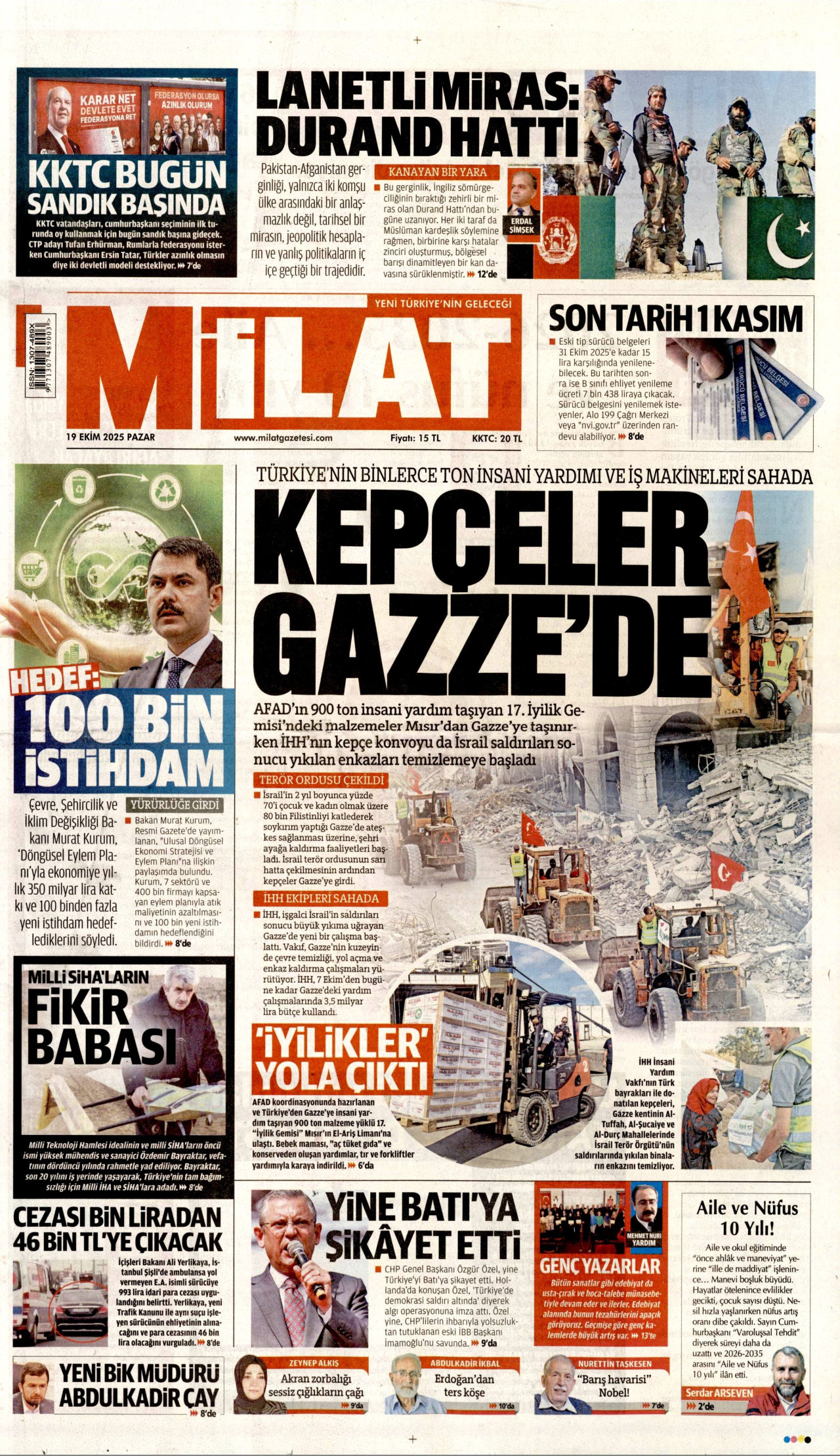 MİLAT gazetesinin 19 Ekim 2025 tarihli birinci sayfası