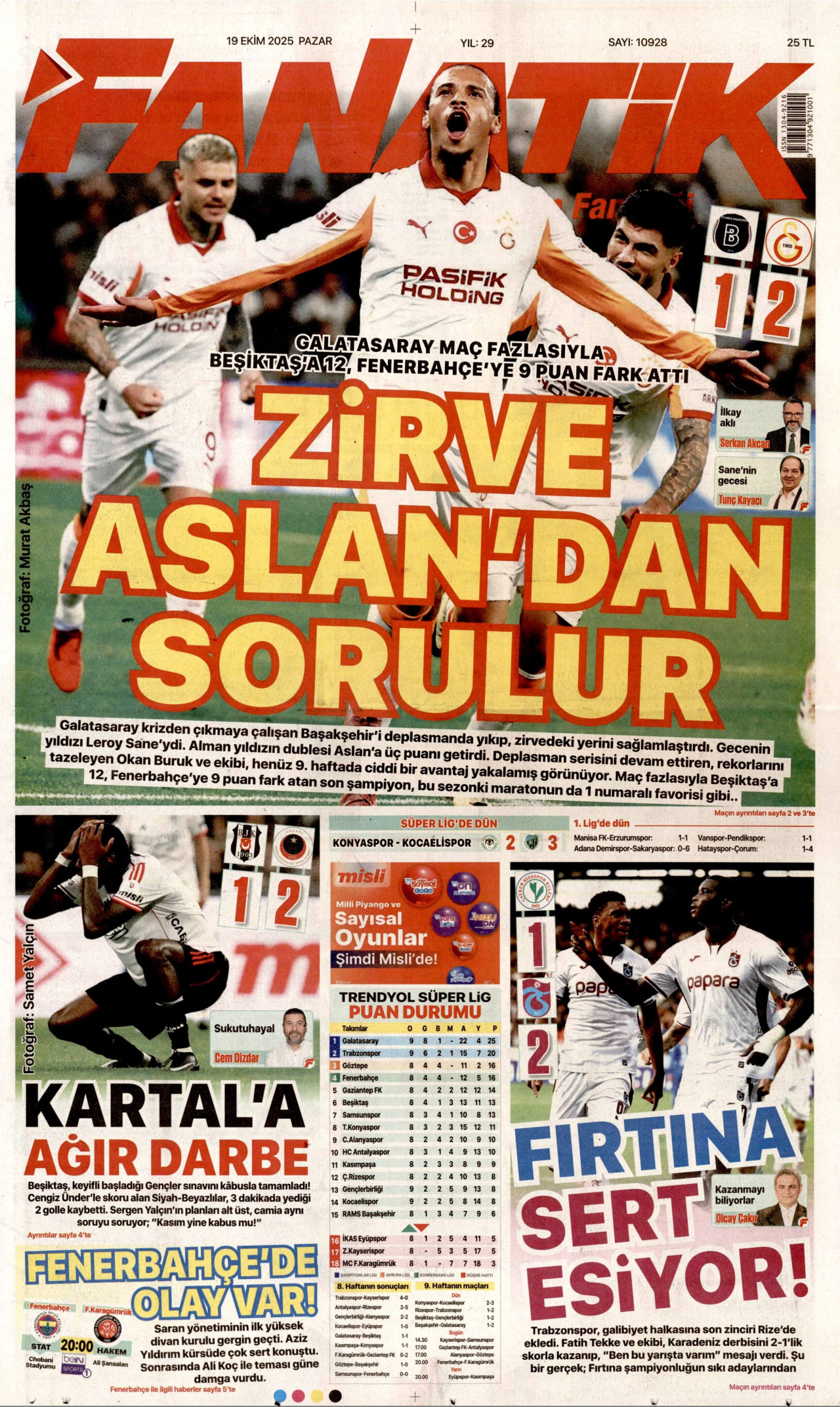 FANATİK gazetesinin 19 Ekim 2025 tarihli birinci sayfası